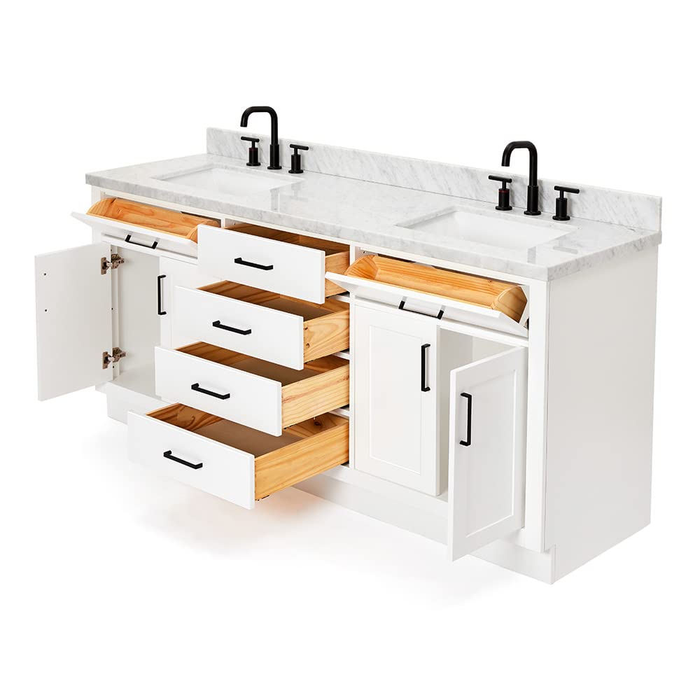 ARIEL Hepburn 72-inch Bathroom Vanity with Sink,Solid Wood, 1.5-inch Italian Carrara Marble Countertop, Double Rectangular Porcelain Sink, 4 Soft Closing Doors, 6 Dovetail Drawers, White - Image 10
