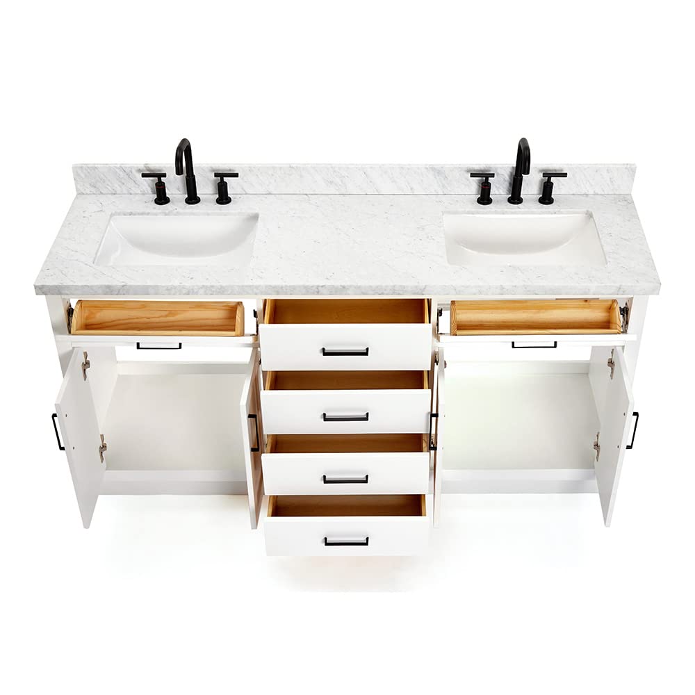 ARIEL Hepburn 72-inch Bathroom Vanity with Sink,Solid Wood, 1.5-inch Italian Carrara Marble Countertop, Double Rectangular Porcelain Sink, 4 Soft Closing Doors, 6 Dovetail Drawers, White - Image 11