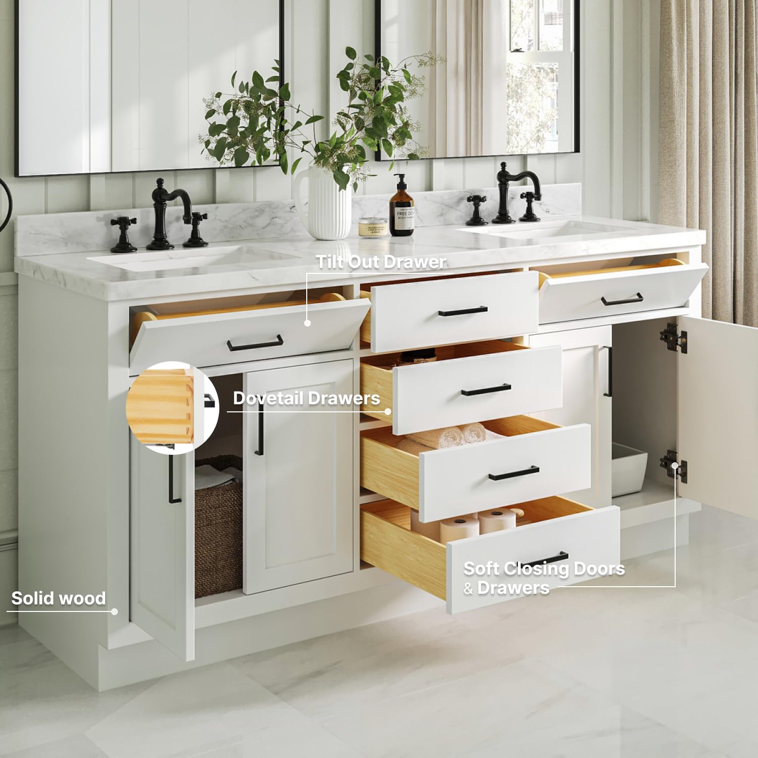 ARIEL Hepburn 72-inch Bathroom Vanity with Sink,Solid Wood, 1.5-inch Italian Carrara Marble Countertop, Double Rectangular Porcelain Sink, 4 Soft Closing Doors, 6 Dovetail Drawers, White - Image 3
