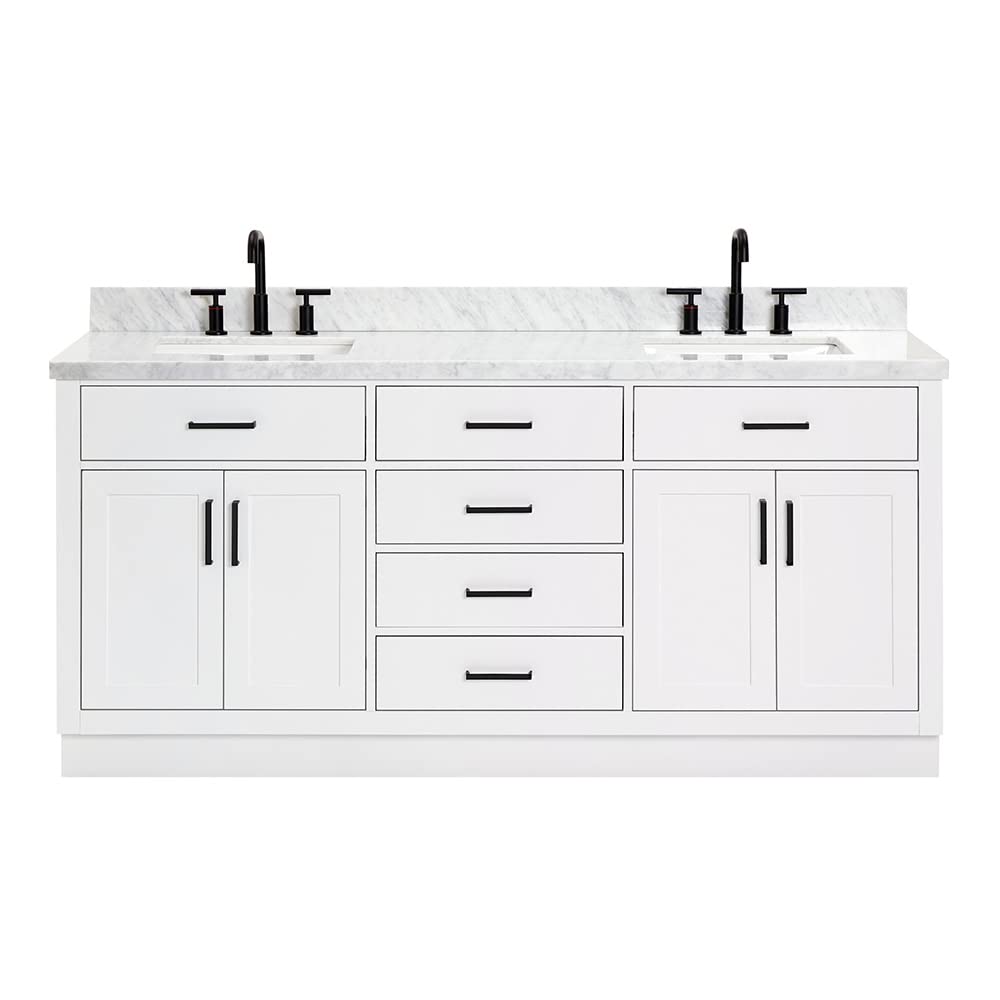 ARIEL Hepburn 72-inch Bathroom Vanity with Sink,Solid Wood, 1.5-inch Italian Carrara Marble Countertop, Double Rectangular Porcelain Sink, 4 Soft Closing Doors, 6 Dovetail Drawers, White - Image 5