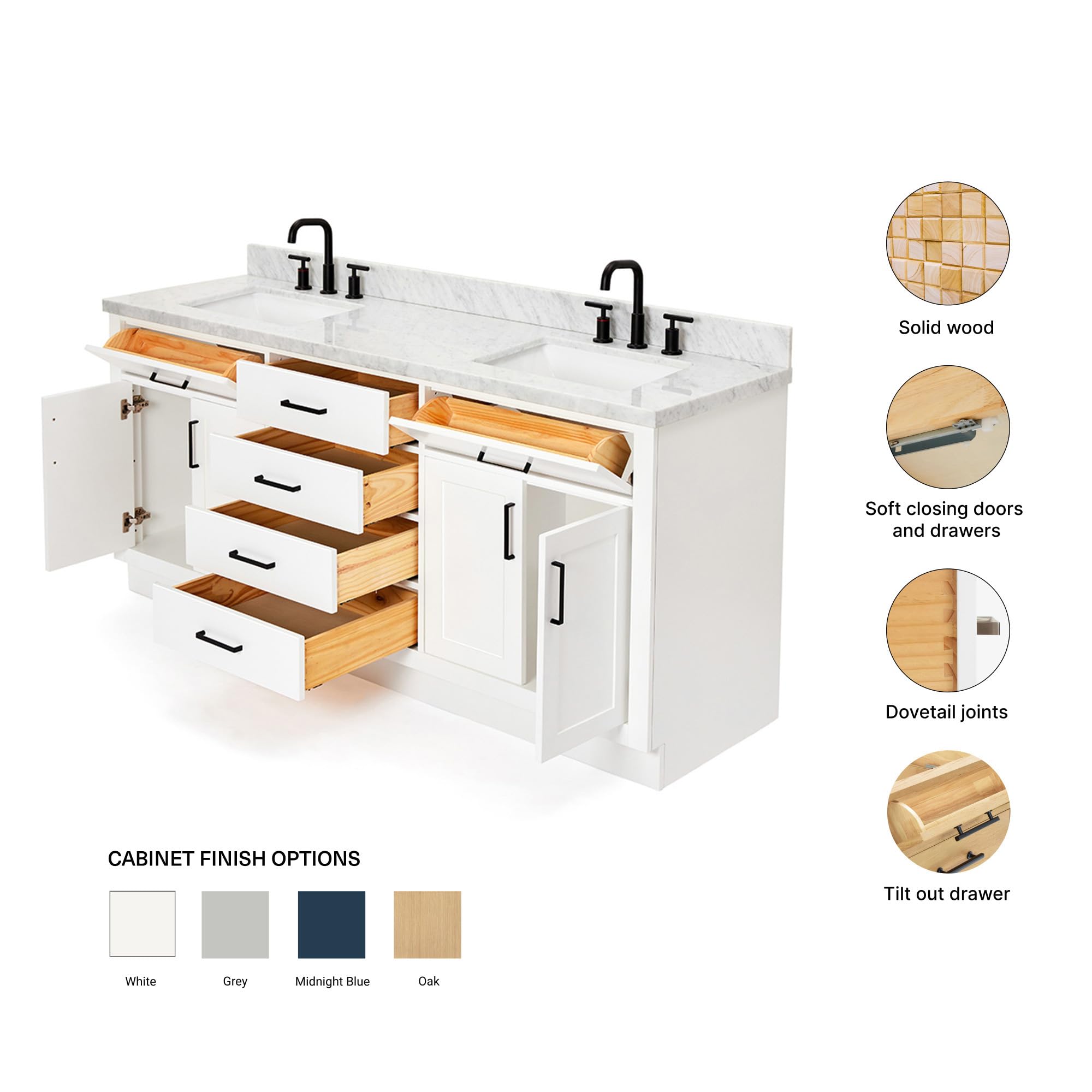 ARIEL Hepburn 72-inch Bathroom Vanity with Sink,Solid Wood, 1.5-inch Italian Carrara Marble Countertop, Double Rectangular Porcelain Sink, 4 Soft Closing Doors, 6 Dovetail Drawers, White - Image 6