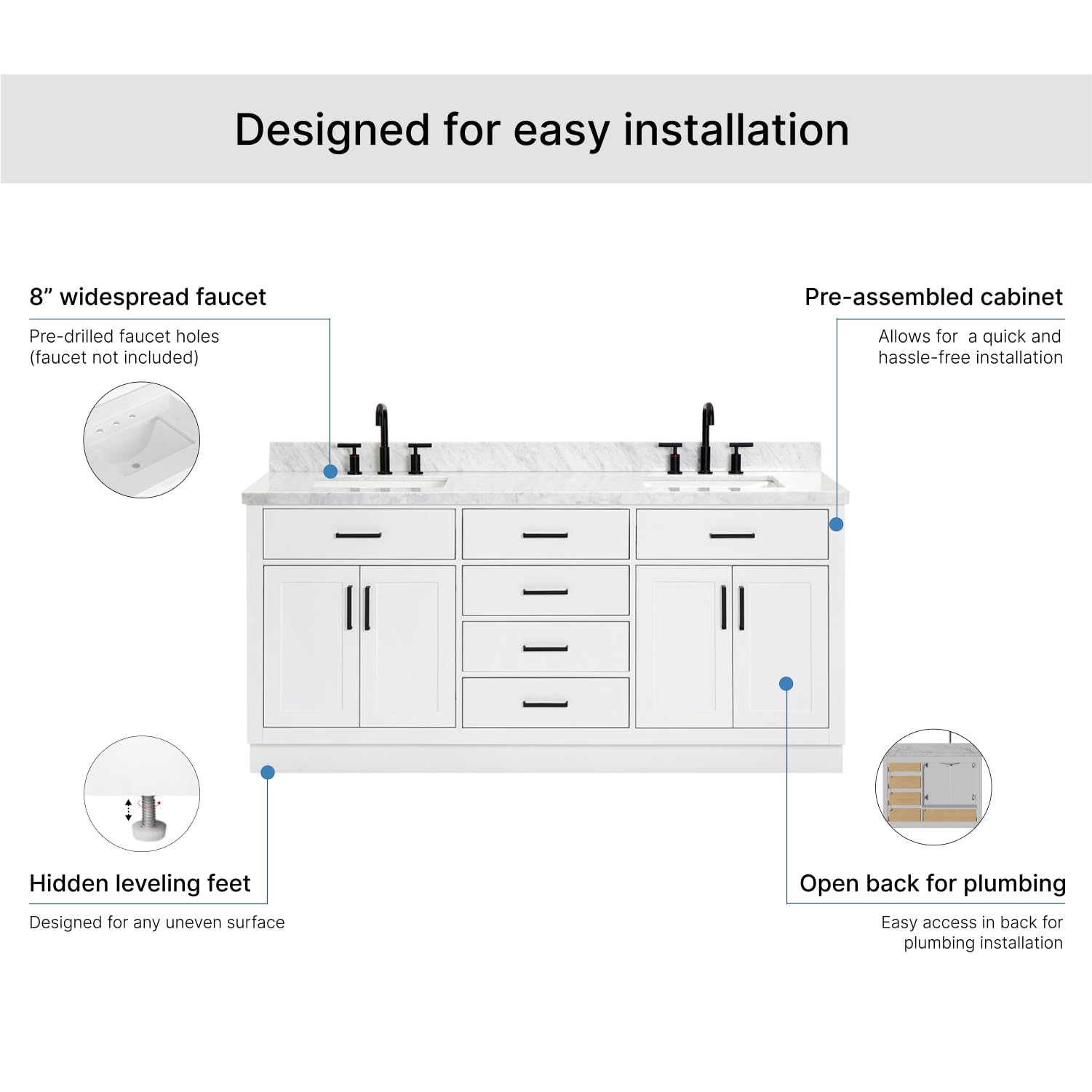 ARIEL Hepburn 72-inch Bathroom Vanity with Sink,Solid Wood, 1.5-inch Italian Carrara Marble Countertop, Double Rectangular Porcelain Sink, 4 Soft Closing Doors, 6 Dovetail Drawers, White - Image 7