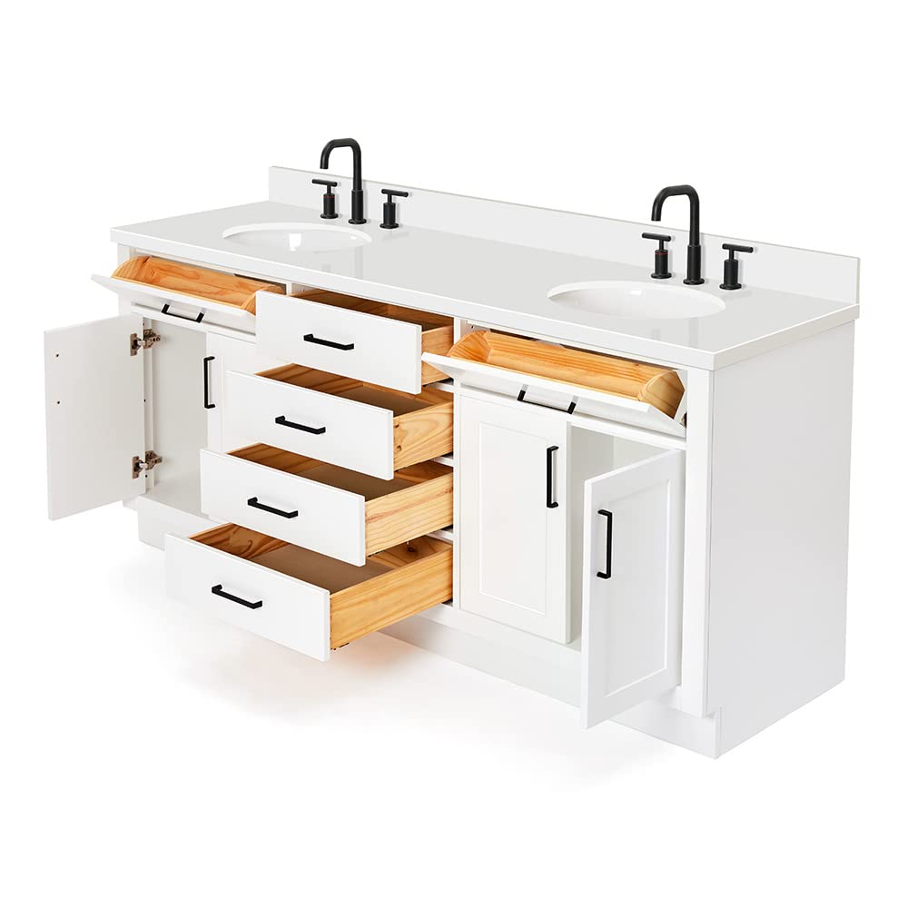 ARIEL Hepburn 72-inch Bathroom Vanity with Sink,Solid Wood, 1.5-inch Pure White Quartz Countertop & Backsplash, Double Oval Porcelain Sink, 4 Soft Closing Doors, 6 Dovetail Drawers, White - Image 10