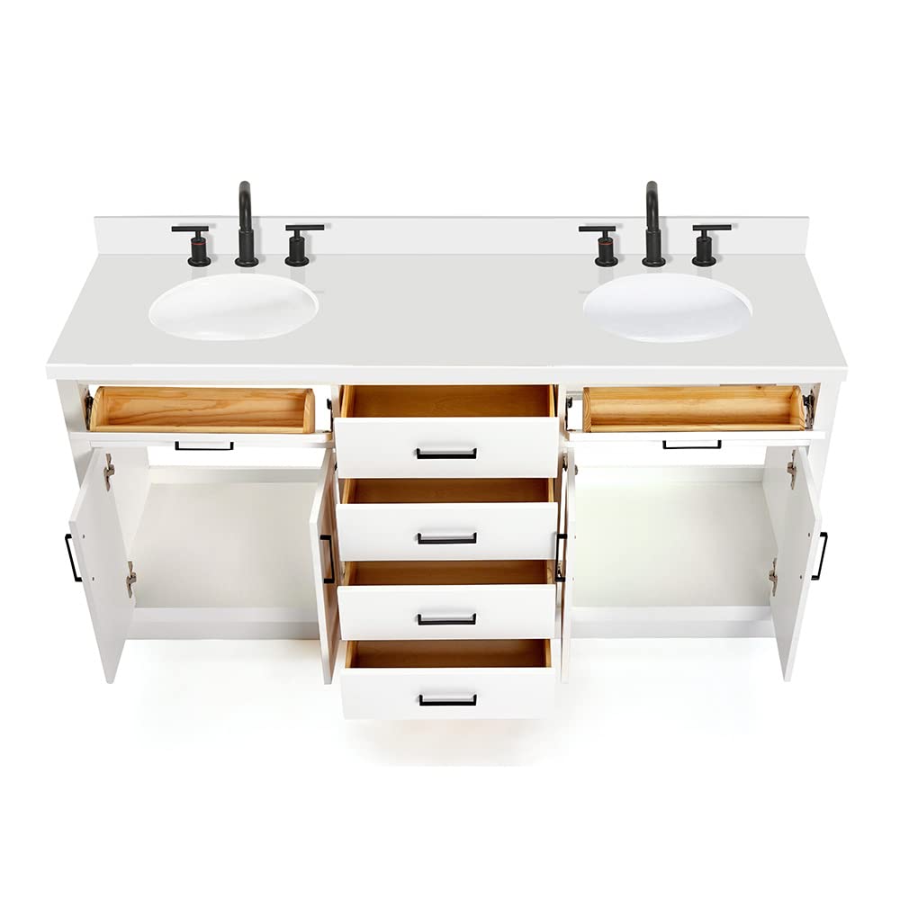 ARIEL Hepburn 72-inch Bathroom Vanity with Sink,Solid Wood, 1.5-inch Pure White Quartz Countertop & Backsplash, Double Oval Porcelain Sink, 4 Soft Closing Doors, 6 Dovetail Drawers, White - Image 11