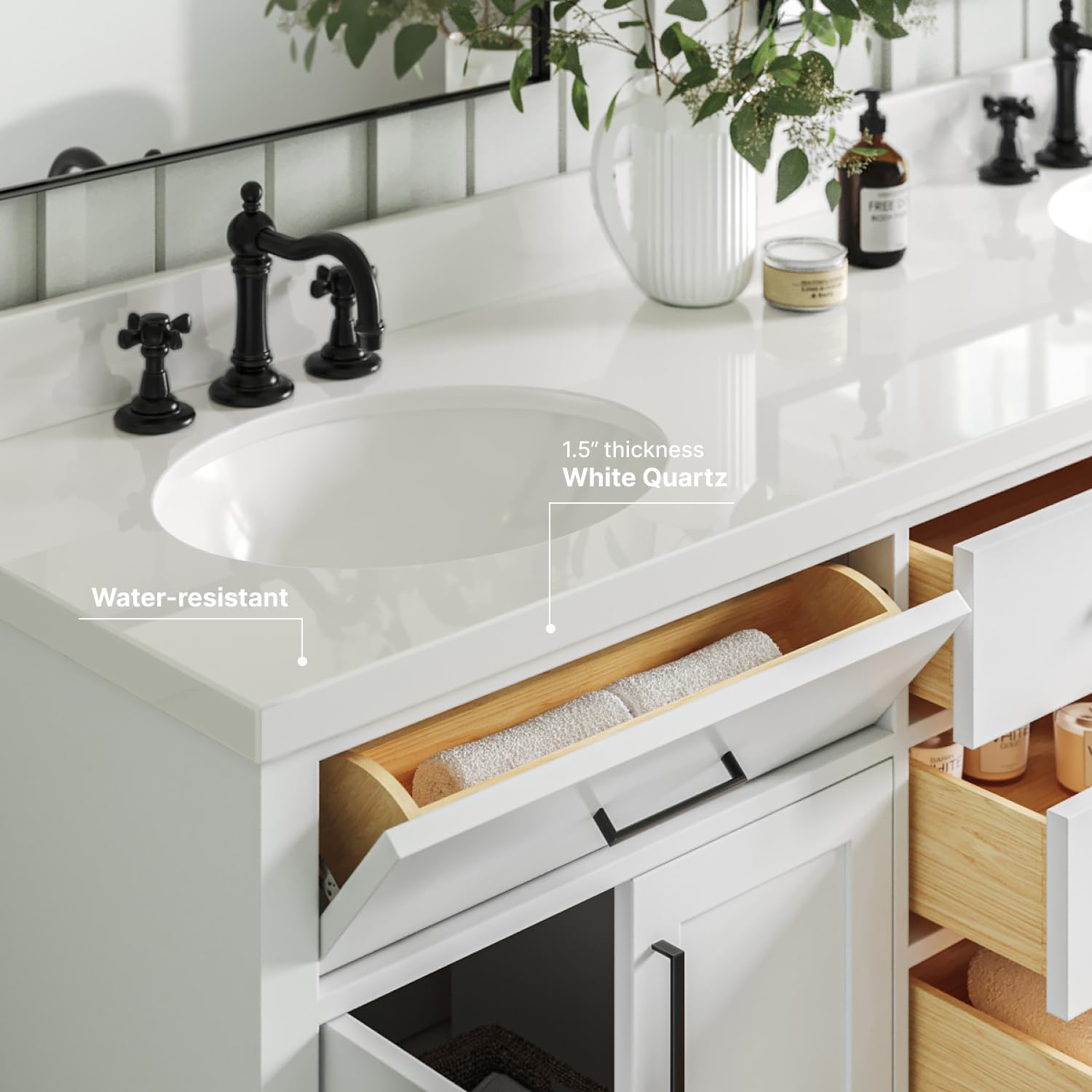 ARIEL Hepburn 72-inch Bathroom Vanity with Sink,Solid Wood, 1.5-inch Pure White Quartz Countertop & Backsplash, Double Oval Porcelain Sink, 4 Soft Closing Doors, 6 Dovetail Drawers, White - Image 3