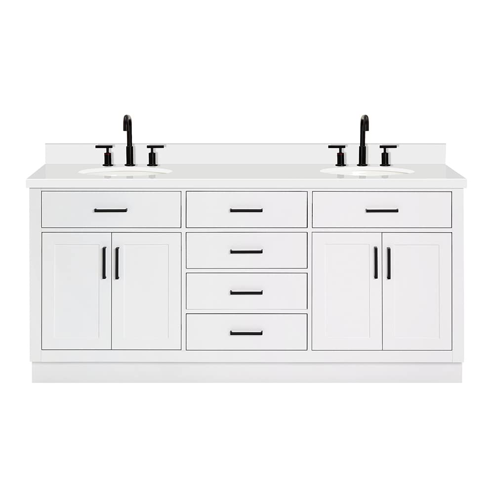 ARIEL Hepburn 72-inch Bathroom Vanity with Sink,Solid Wood, 1.5-inch Pure White Quartz Countertop & Backsplash, Double Oval Porcelain Sink, 4 Soft Closing Doors, 6 Dovetail Drawers, White - Image 4