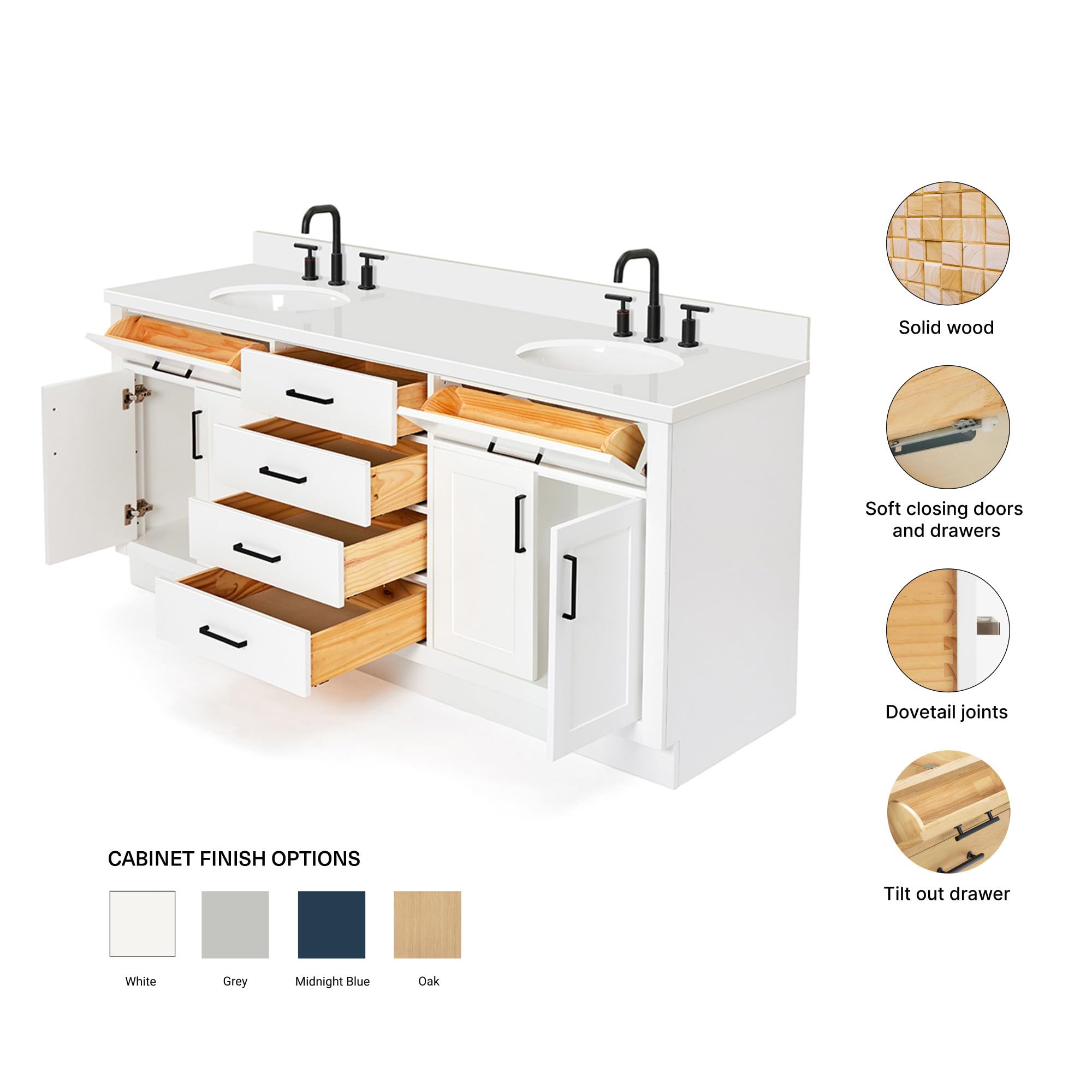 ARIEL Hepburn 72-inch Bathroom Vanity with Sink,Solid Wood, 1.5-inch Pure White Quartz Countertop & Backsplash, Double Oval Porcelain Sink, 4 Soft Closing Doors, 6 Dovetail Drawers, White - Image 5