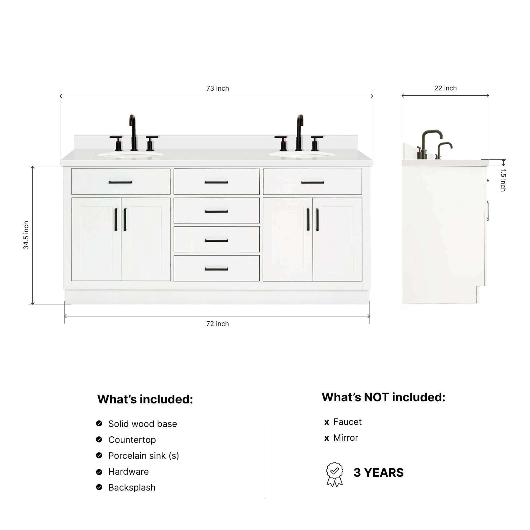 ARIEL Hepburn 72-inch Bathroom Vanity with Sink,Solid Wood, 1.5-inch Pure White Quartz Countertop & Backsplash, Double Oval Porcelain Sink, 4 Soft Closing Doors, 6 Dovetail Drawers, White - Image 6