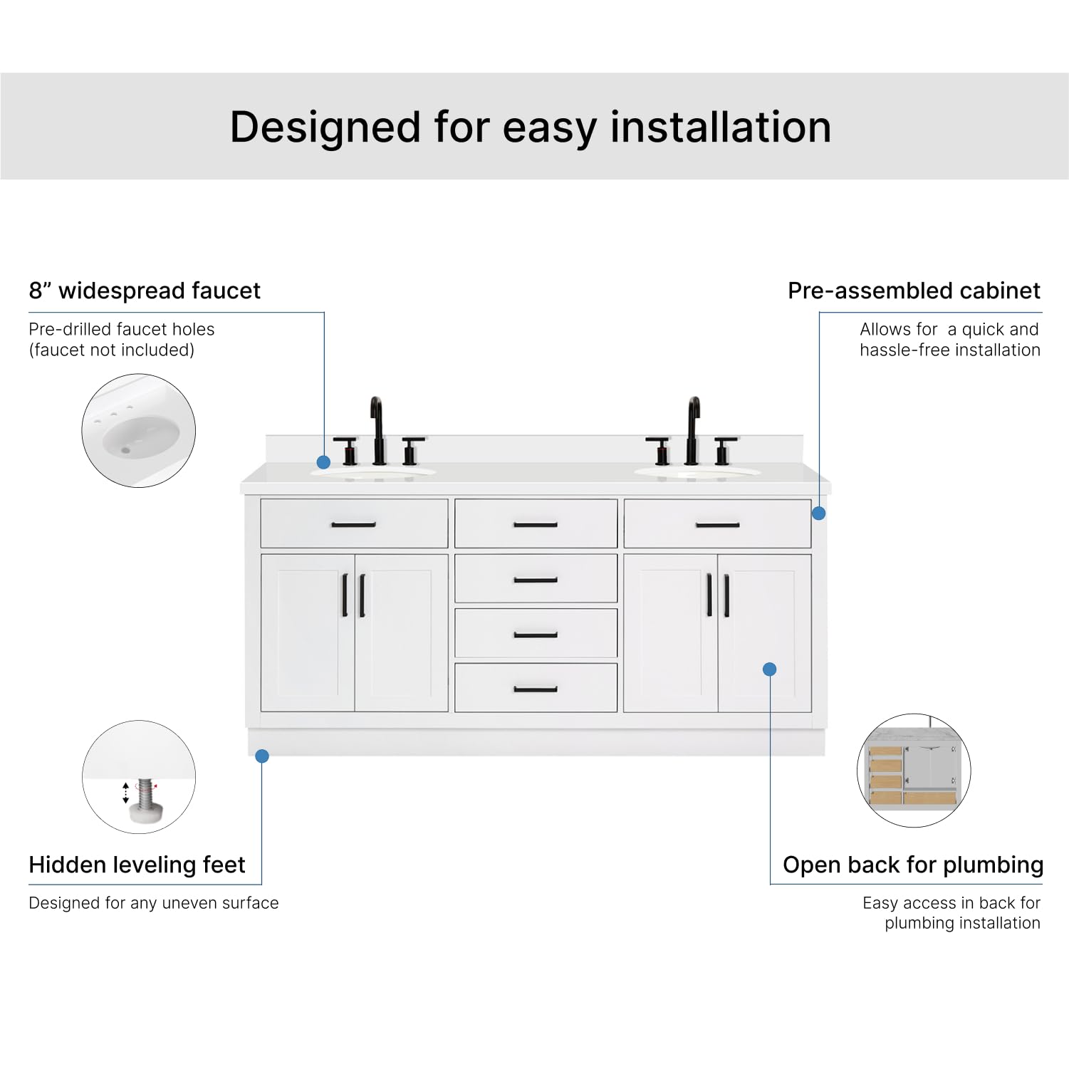 ARIEL Hepburn 72-inch Bathroom Vanity with Sink,Solid Wood, 1.5-inch Pure White Quartz Countertop & Backsplash, Double Oval Porcelain Sink, 4 Soft Closing Doors, 6 Dovetail Drawers, White - Image 7