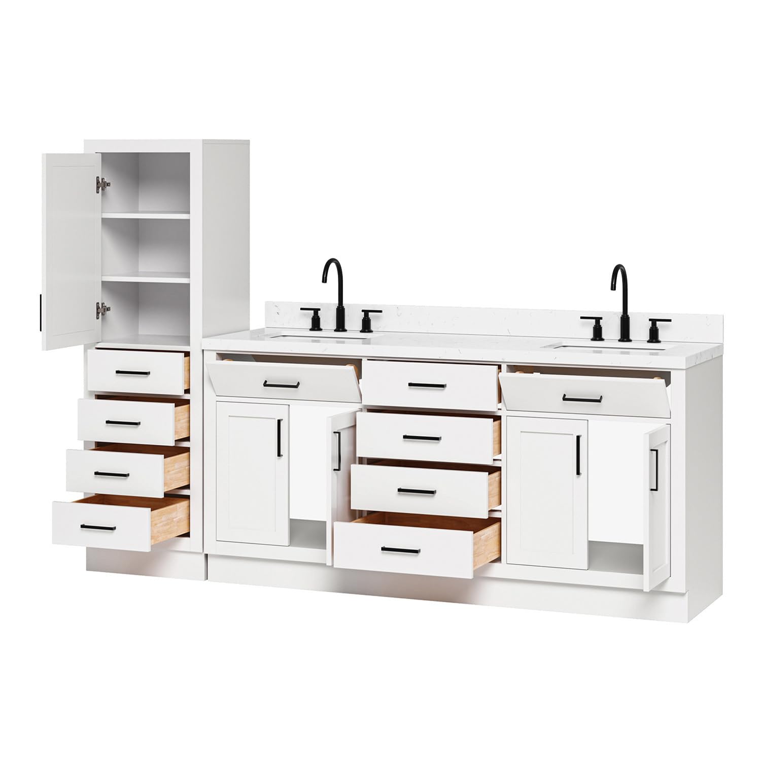 ARIEL Hepburn 92 Inch Includes 20 Inch Linen Cabinet and 1 of 72 Inch Double Rectangle Sink Bathroom Vanity with Carrara White Quartz Countertop 1.5 Inch in White - Image 3