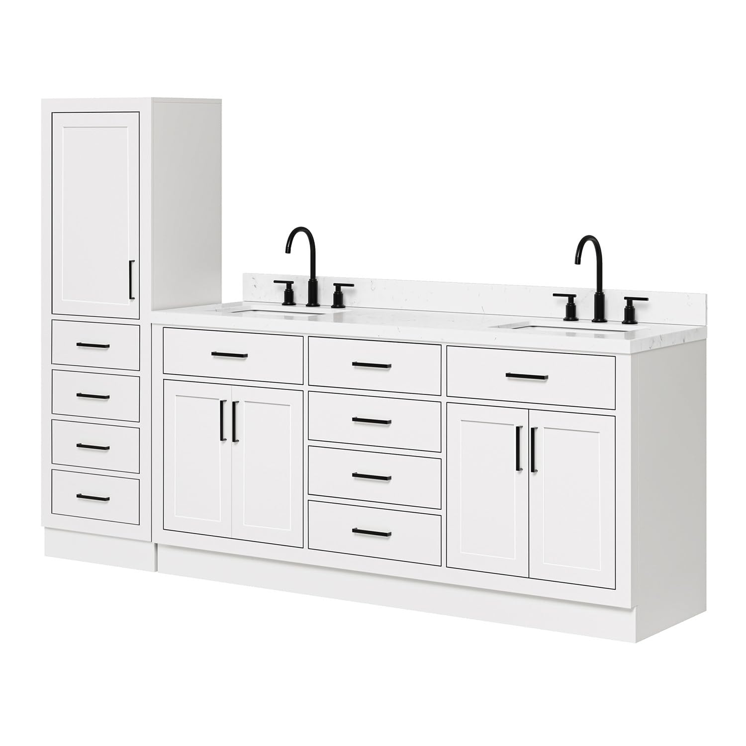 ARIEL Hepburn 92 Inch Includes 20 Inch Linen Cabinet and 1 of 72 Inch Double Rectangle Sink Bathroom Vanity with Carrara White Quartz Countertop 1.5 Inch in White - Image 5