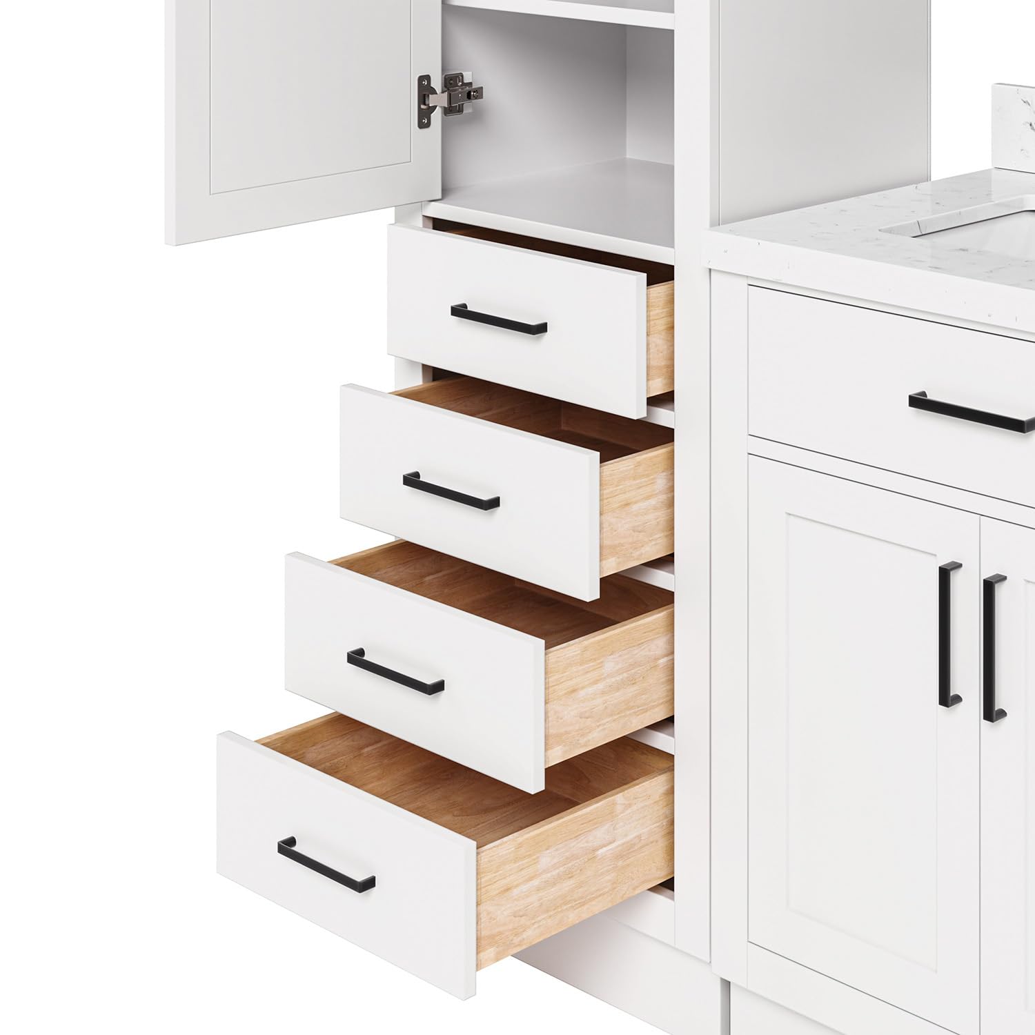 ARIEL Hepburn 92 Inch Includes 20 Inch Linen Cabinet and 1 of 72 Inch Double Rectangle Sink Bathroom Vanity with Carrara White Quartz Countertop 1.5 Inch in White - Image 6