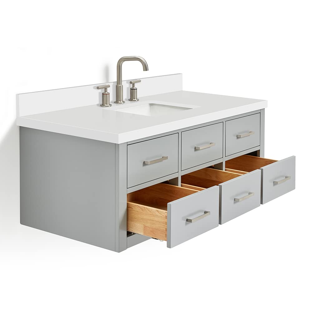 ARIEL Hutton 48-inch Bathroom Vanity with Sink,Solid Wood, 1.5-inch Pure White Quartz Countertop & Backsplash, Single Rectangular Porcelain Sink, 3 Dovetail Drawers, Grey - Image 4