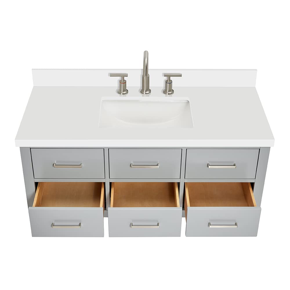 ARIEL Hutton 48-inch Bathroom Vanity with Sink,Solid Wood, 1.5-inch Pure White Quartz Countertop & Backsplash, Single Rectangular Porcelain Sink, 3 Dovetail Drawers, Grey - Image 5