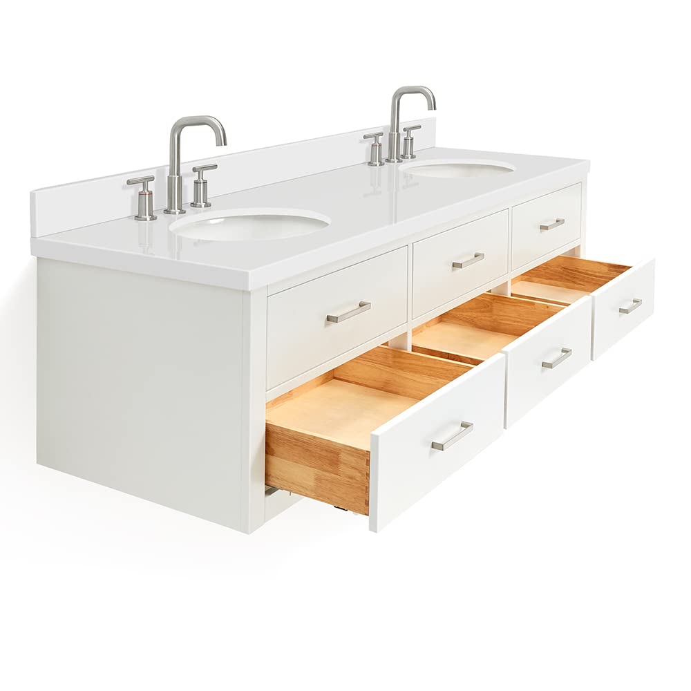 ARIEL Hutton 72-inch Bathroom Vanity with Sink,Solid Wood, 1.5-inch Pure White Quartz Countertop & Backsplash, Double Oval Porcelain Sink, 3 Dovetail Drawers, White - Image 5