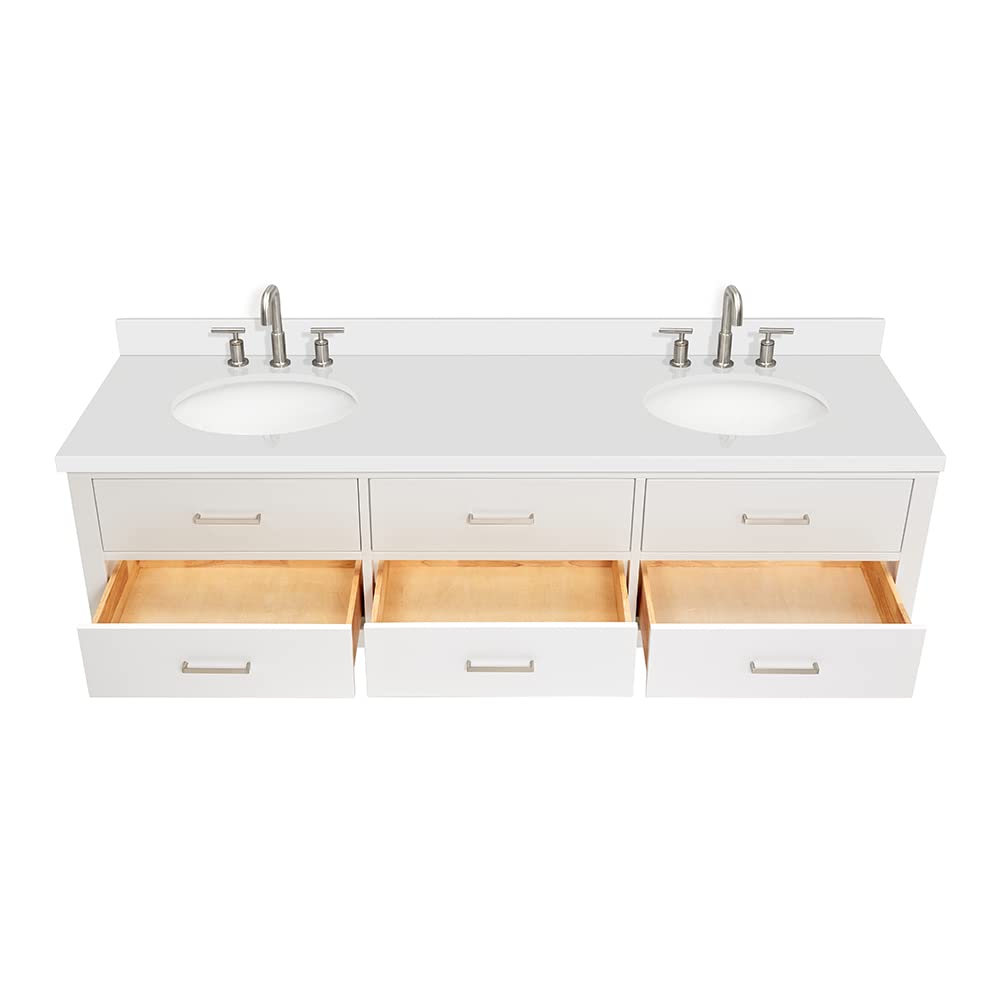 ARIEL Hutton 72-inch Bathroom Vanity with Sink,Solid Wood, 1.5-inch Pure White Quartz Countertop & Backsplash, Double Oval Porcelain Sink, 3 Dovetail Drawers, White - Image 6