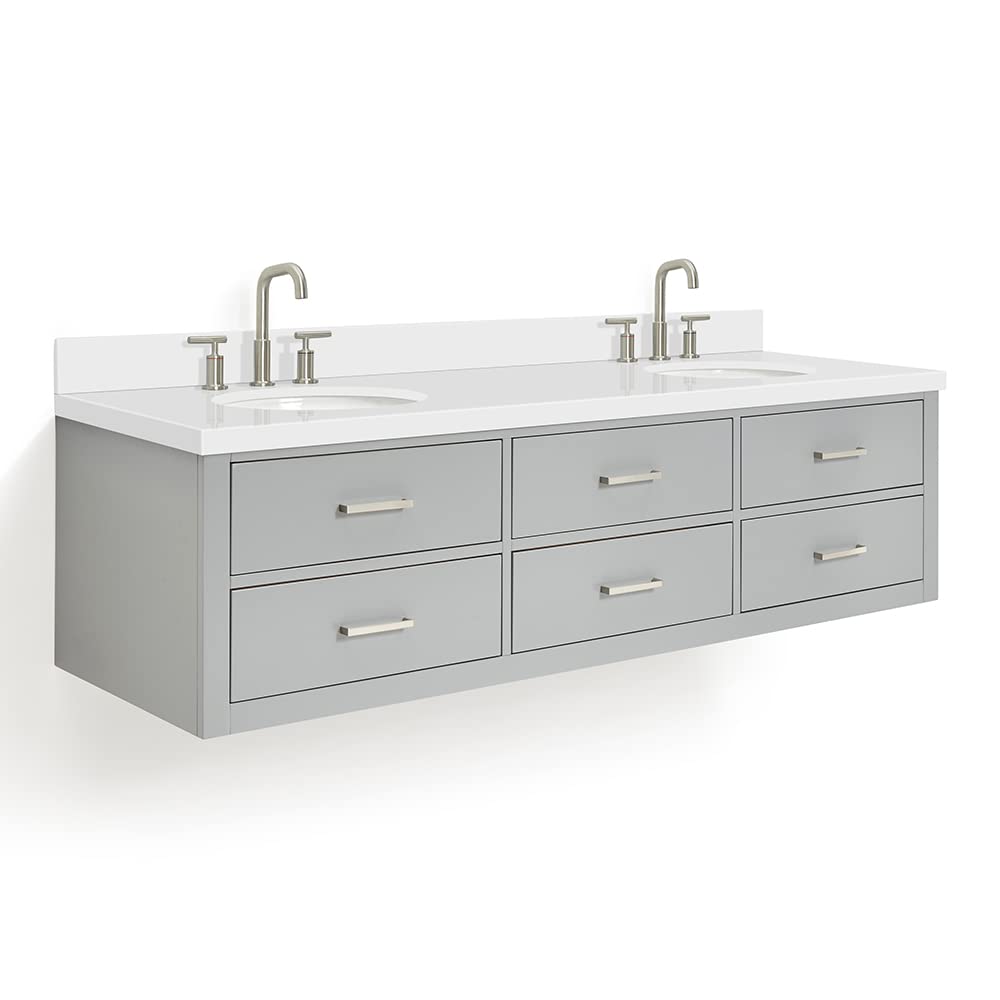 ARIEL Hutton 73 in. Double Oval Sink Floating Wall Vanity with 1.5" Inch White Quartz Countertop in Grey - Image 3