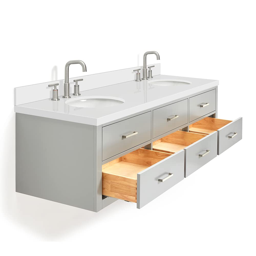 ARIEL Hutton 73 in. Double Oval Sink Floating Wall Vanity with 1.5" Inch White Quartz Countertop in Grey - Image 4