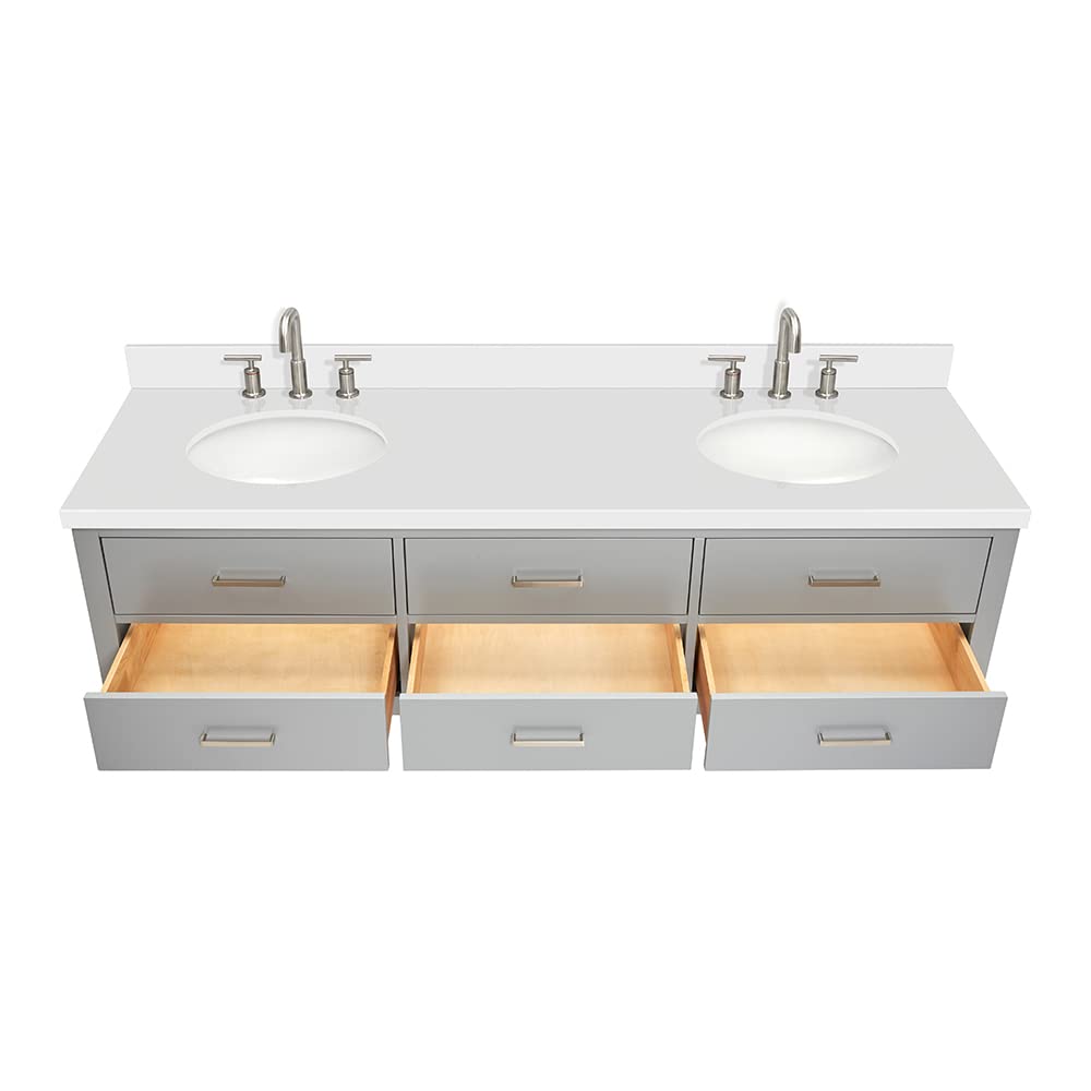 ARIEL Hutton 73 in. Double Oval Sink Floating Wall Vanity with 1.5" Inch White Quartz Countertop in Grey - Image 5