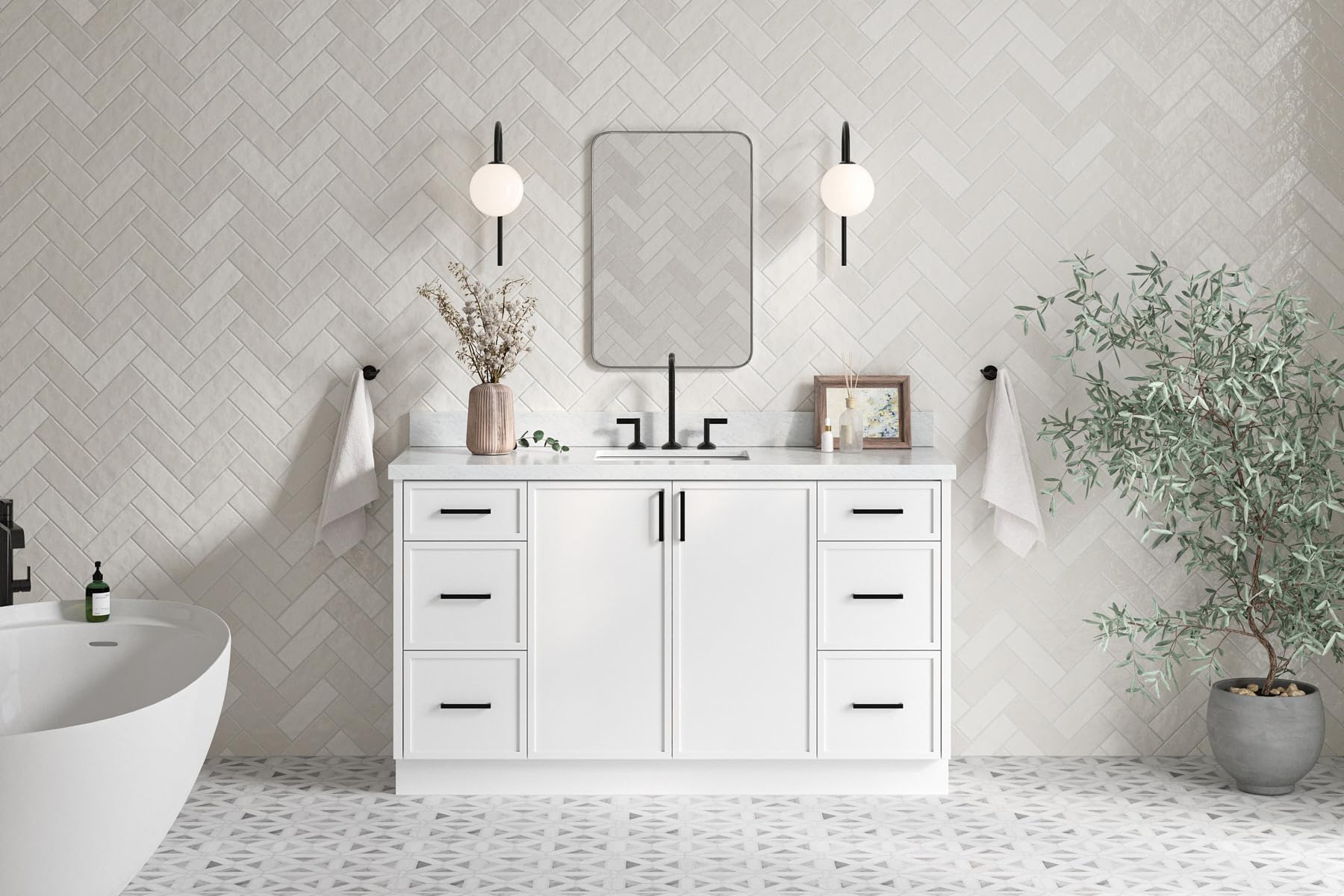 ARIEL Kelly 60-inch Bathroom Vanity with Sink,Solid Wood, 1.5-inch Italian Carrara Marble Countertop & Backsplash, Single Rectangular Porcelain Sink, 2 Soft Closing Doors, 7 Dovetail Drawers, White - Image 6