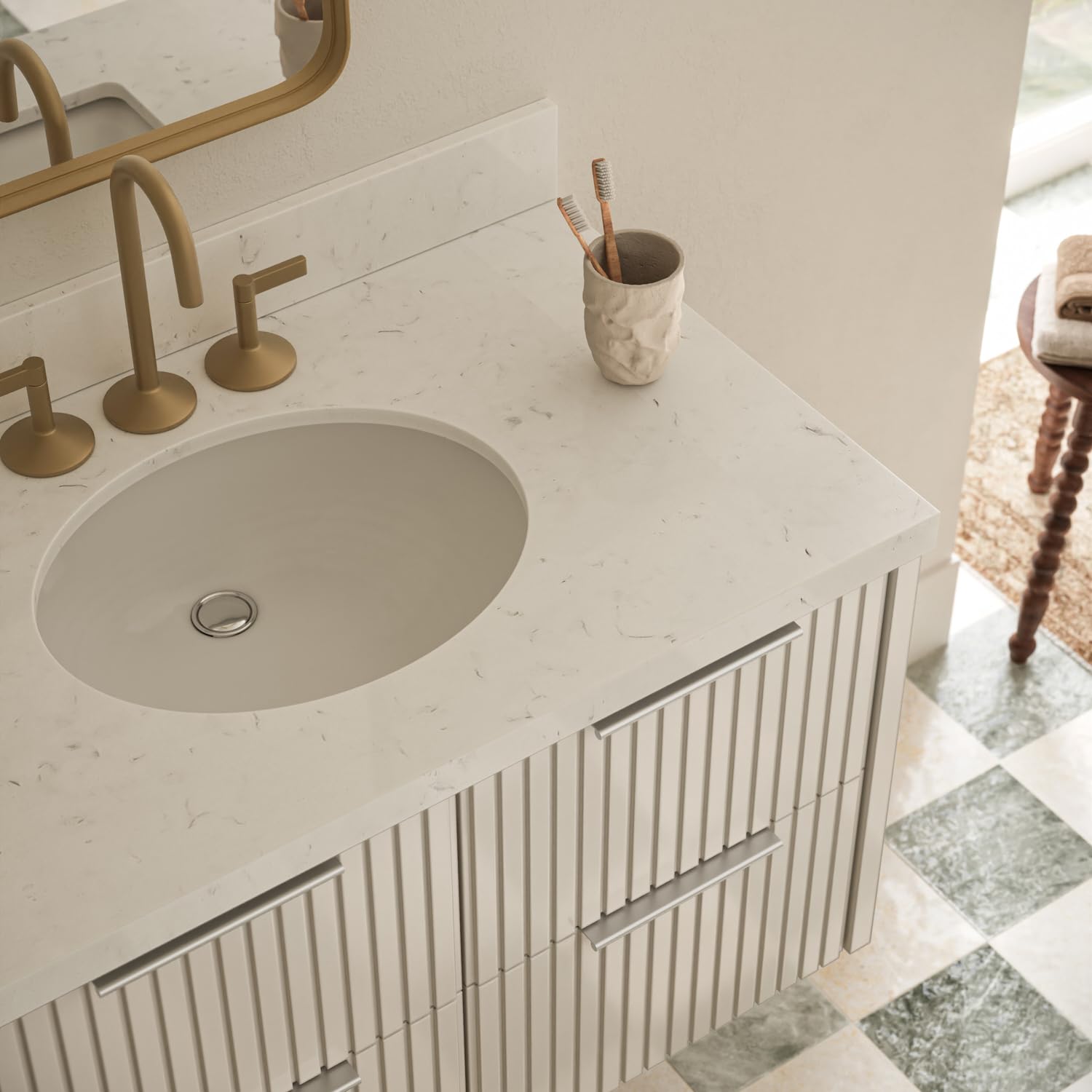 ARIEL Lucia 36-inch Bathroom Vanity with Sink,Solid Wood, 1.5-inch Carrara White Quartz Countertop & Backsplash, Single Oval Porcelain Sink, 4 Dovetail Drawers, Warm White - Image 3