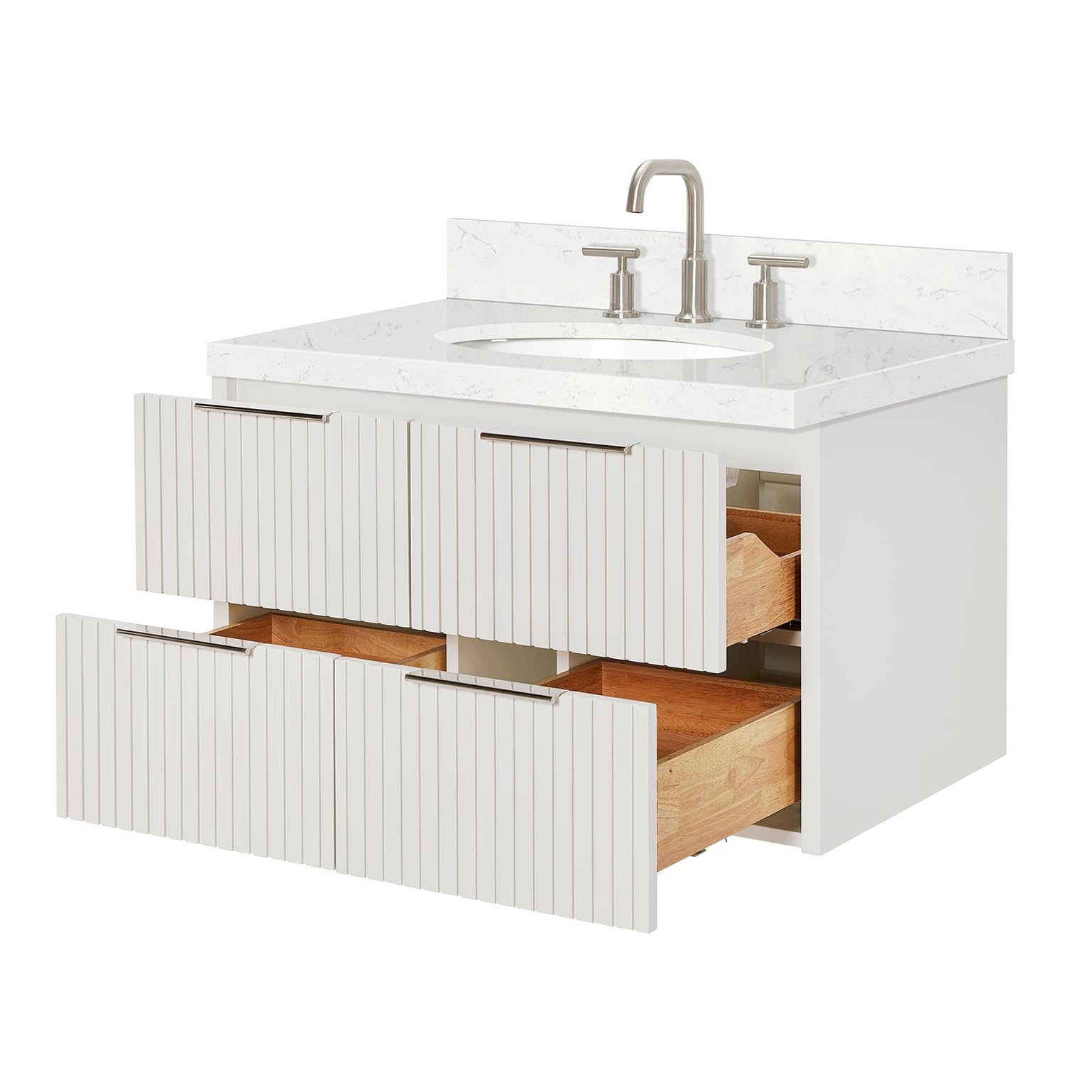 ARIEL Lucia 36-inch Bathroom Vanity with Sink,Solid Wood, 1.5-inch Carrara White Quartz Countertop & Backsplash, Single Oval Porcelain Sink, 4 Dovetail Drawers, Warm White - Image 6