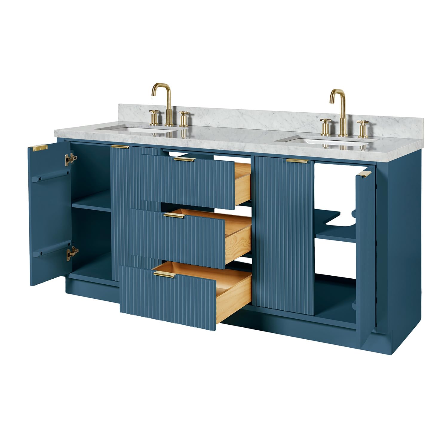 ARIEL Milan 72-inch Bathroom Vanity with Sink,Solid Wood, 1.5-inch Italian Carrara Marble Countertop, Double Rectangular Porcelain Sink, Soft Closing Doors, Dovetail Drawers, Vintage Blue - Image 5