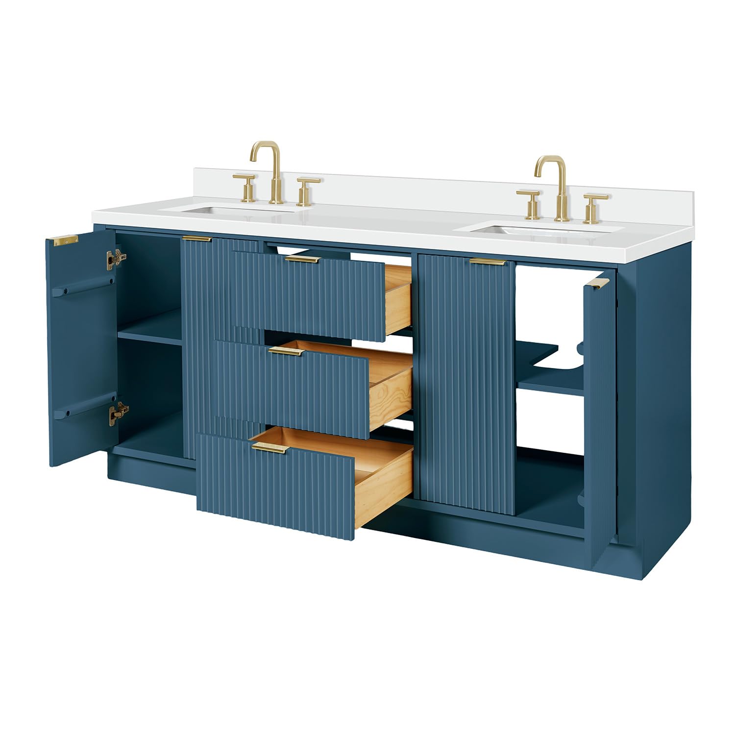 ARIEL Milan 72-inch Bathroom Vanity with Sink,Solid Wood, 1.5-inch Pure White Quartz Countertop, Double Rectangular Porcelain Sink, Soft Closing Doors, Dovetail Drawers, Vintage Blue - Image 6