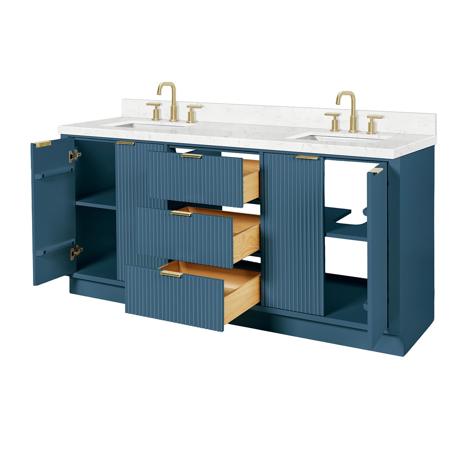 ARIEL Milan 72-inch Bathroom Vanity with Sink,Solid Wood, 1.5-inch Carrara White Quartz Countertop, Double Rectangular Porcelain Sink, Soft Closing Doors, Dovetail Drawers, Vintage Blue - Image 5