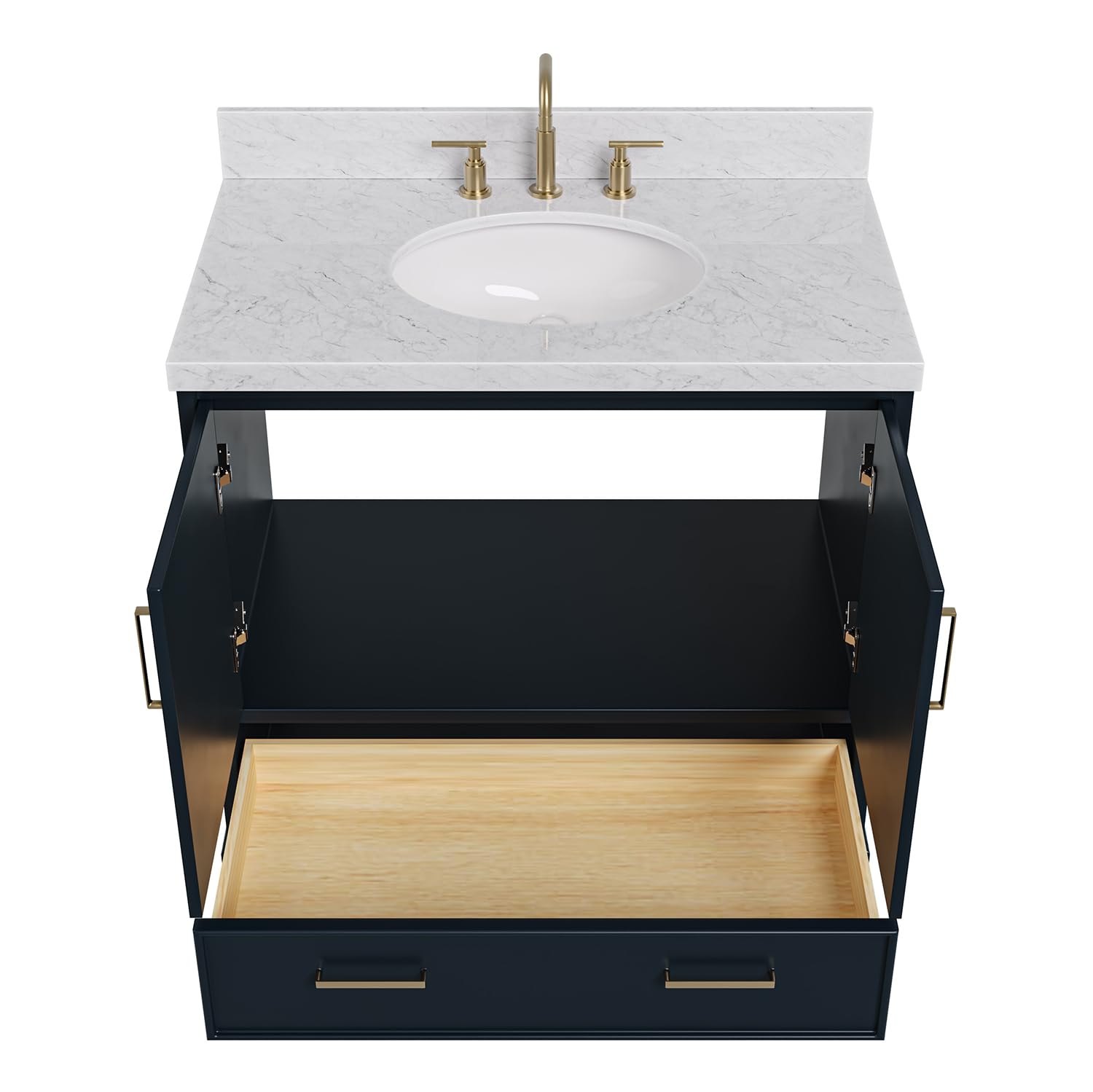 ARIEL Stafford 36-inch Bathroom Vanity with Sink,Solid Wood, 1.5-inch Italian Carrara Marble Countertop, Single Oval Porcelain Sink, 2 Soft Closing Doors, 1 Dovetail Drawers, Midnight Blue - Image 10