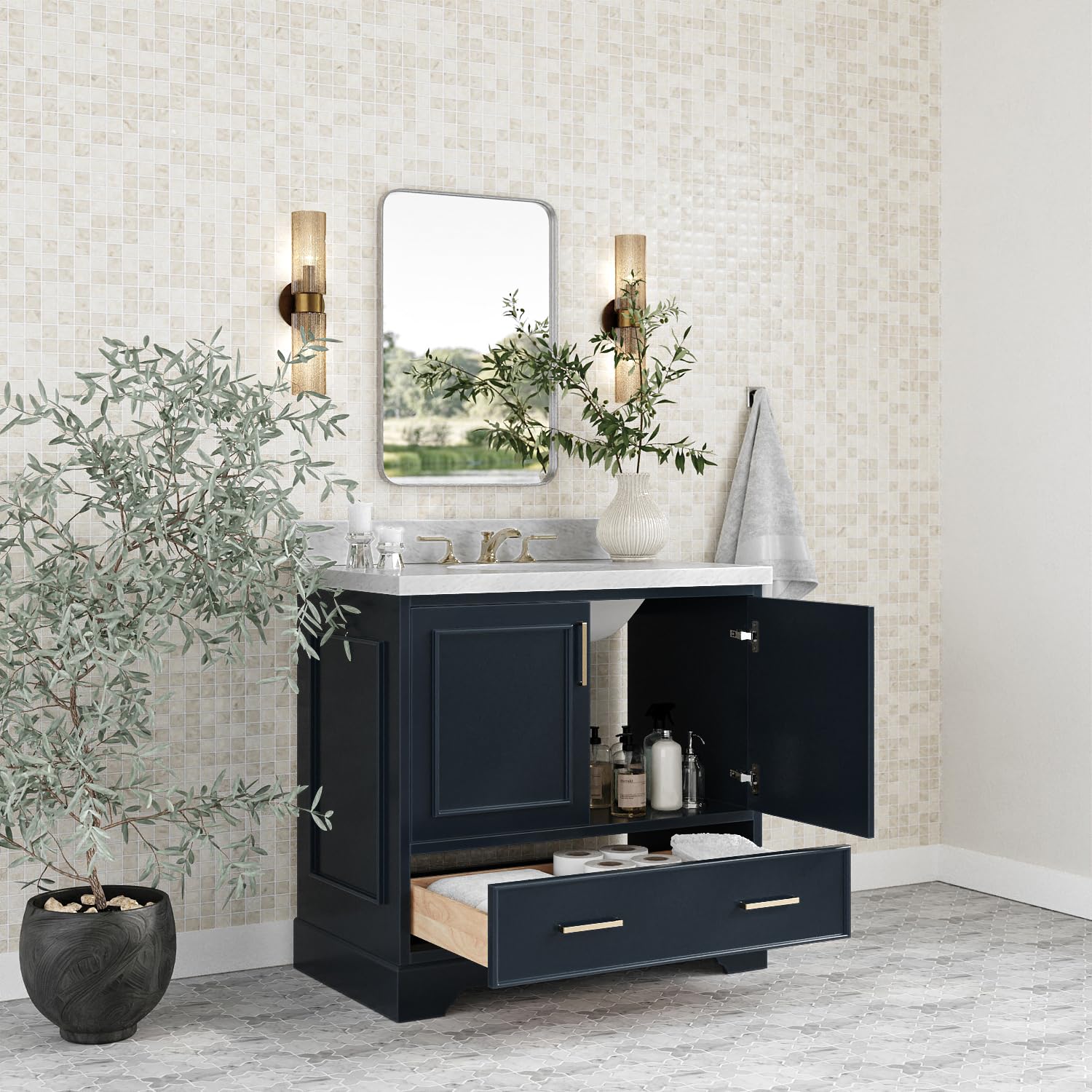 ARIEL Stafford 36-inch Bathroom Vanity with Sink,Solid Wood, 1.5-inch Italian Carrara Marble Countertop, Single Oval Porcelain Sink, 2 Soft Closing Doors, 1 Dovetail Drawers, Midnight Blue - Image 3
