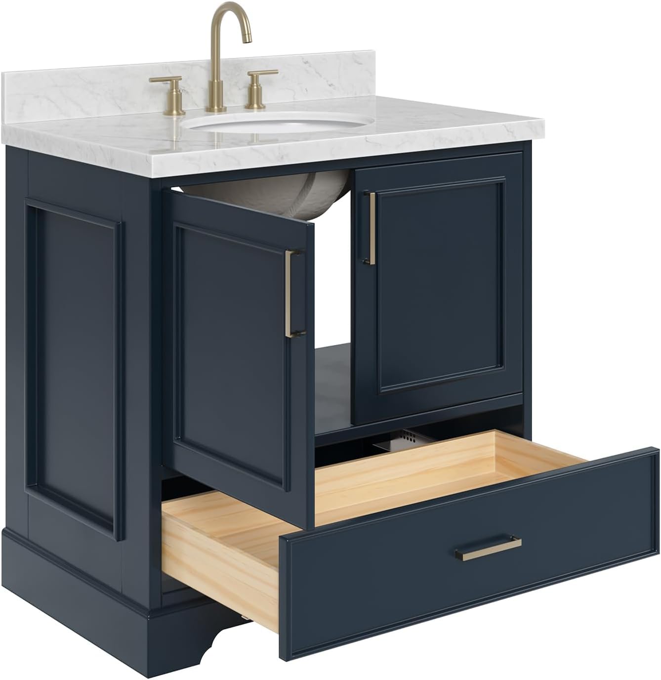 ARIEL Stafford 36-inch Bathroom Vanity with Sink,Solid Wood, 1.5-inch Italian Carrara Marble Countertop, Single Oval Porcelain Sink, 2 Soft Closing Doors, 1 Dovetail Drawers, Midnight Blue - Image 4
