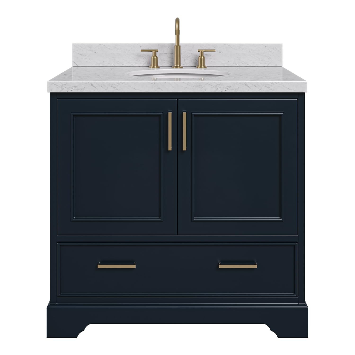 ARIEL Stafford 36-inch Bathroom Vanity with Sink,Solid Wood, 1.5-inch Italian Carrara Marble Countertop, Single Oval Porcelain Sink, 2 Soft Closing Doors, 1 Dovetail Drawers, Midnight Blue - Image 5
