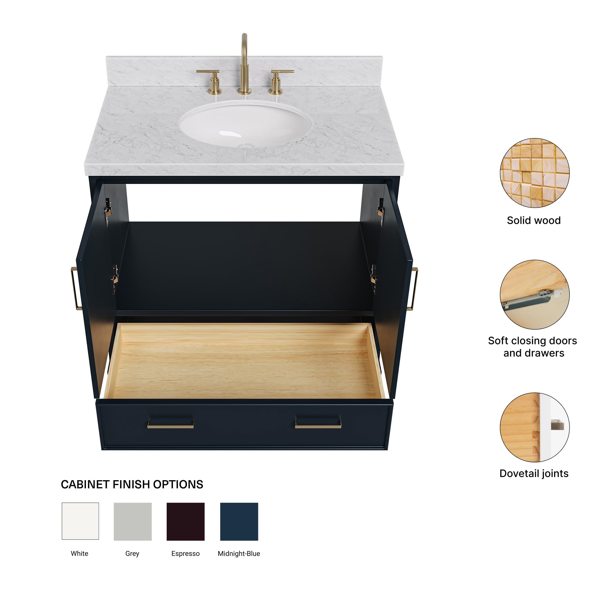 ARIEL Stafford 36-inch Bathroom Vanity with Sink,Solid Wood, 1.5-inch Italian Carrara Marble Countertop, Single Oval Porcelain Sink, 2 Soft Closing Doors, 1 Dovetail Drawers, Midnight Blue - Image 6