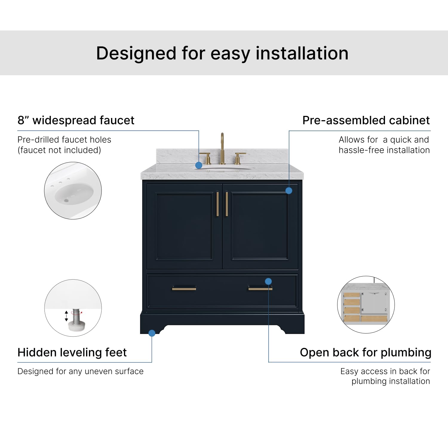 ARIEL Stafford 36-inch Bathroom Vanity with Sink,Solid Wood, 1.5-inch Italian Carrara Marble Countertop, Single Oval Porcelain Sink, 2 Soft Closing Doors, 1 Dovetail Drawers, Midnight Blue - Image 7