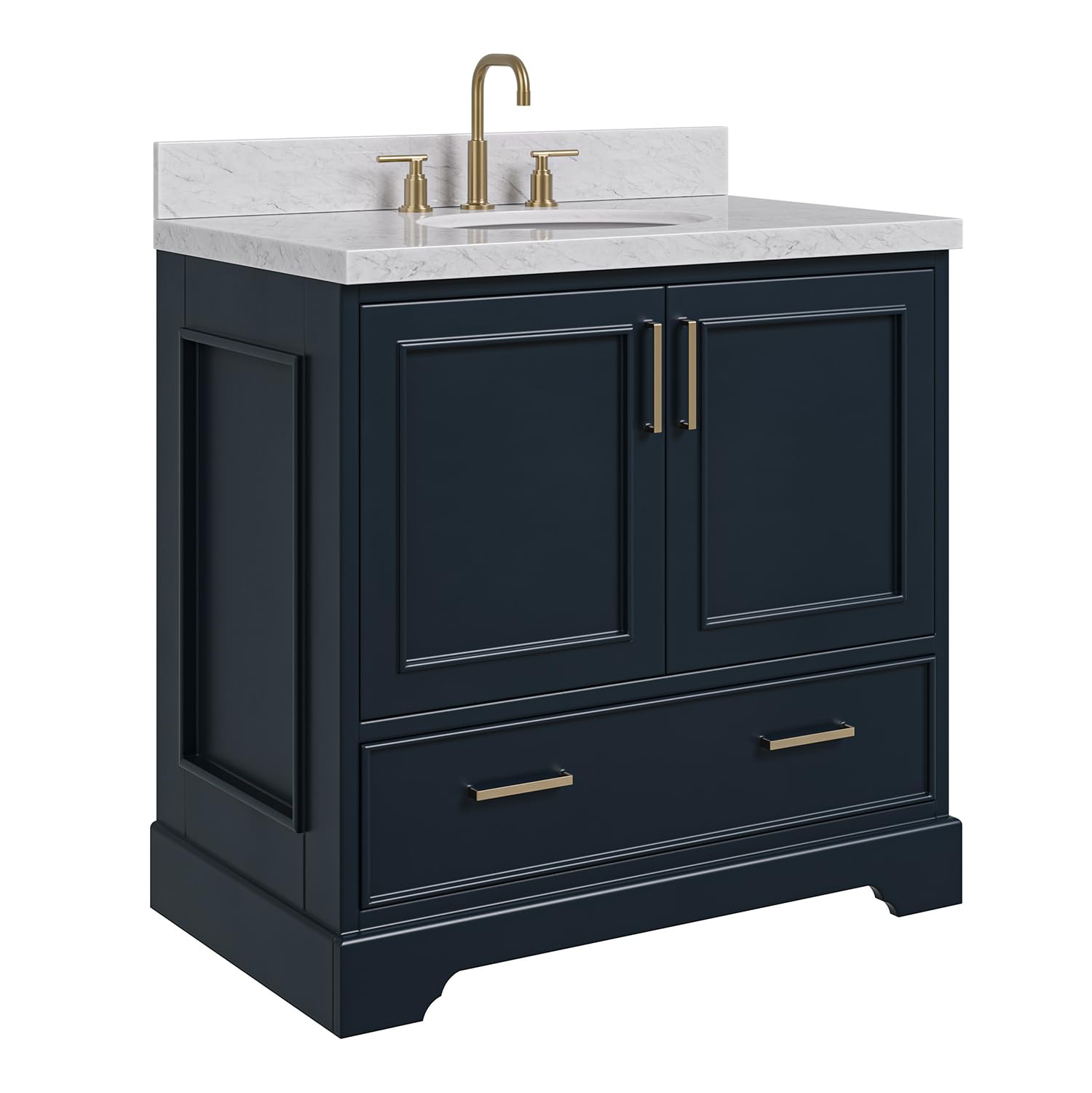 ARIEL Stafford 36-inch Bathroom Vanity with Sink,Solid Wood, 1.5-inch Italian Carrara Marble Countertop, Single Oval Porcelain Sink, 2 Soft Closing Doors, 1 Dovetail Drawers, Midnight Blue - Image 8
