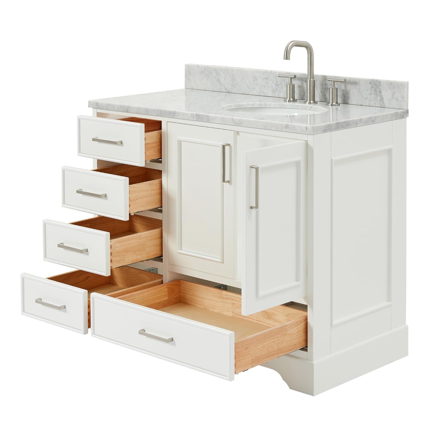 ARIEL Stafford 42-inch Bathroom Vanity with Sink,Solid Wood, 0.75-inch Italian Carrara Marble Countertop & Backsplash, Single Oval Porcelain Sink, 2 Soft Closing Doors, 5 Dovetail Drawers, White - Image 10