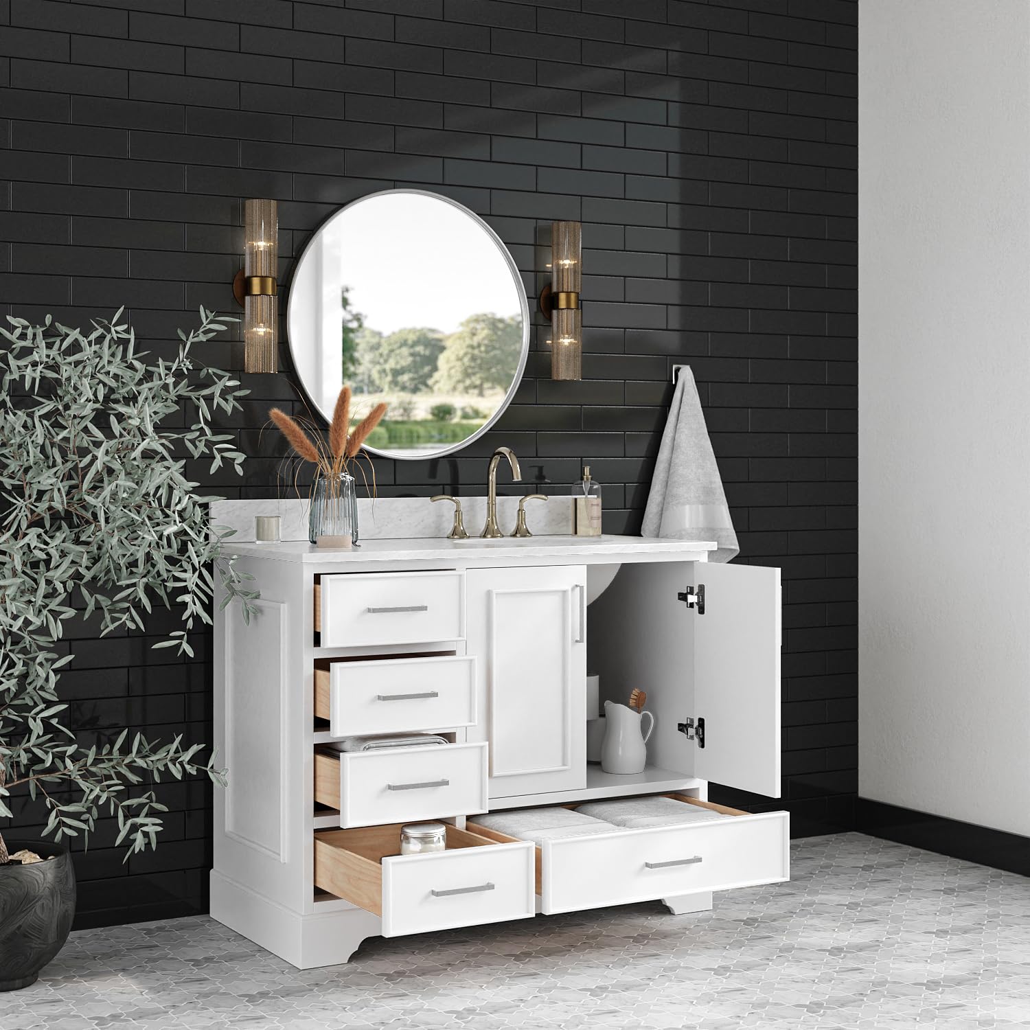 ARIEL Stafford 42-inch Bathroom Vanity with Sink,Solid Wood, 0.75-inch Italian Carrara Marble Countertop & Backsplash, Single Oval Porcelain Sink, 2 Soft Closing Doors, 5 Dovetail Drawers, White - Image 3