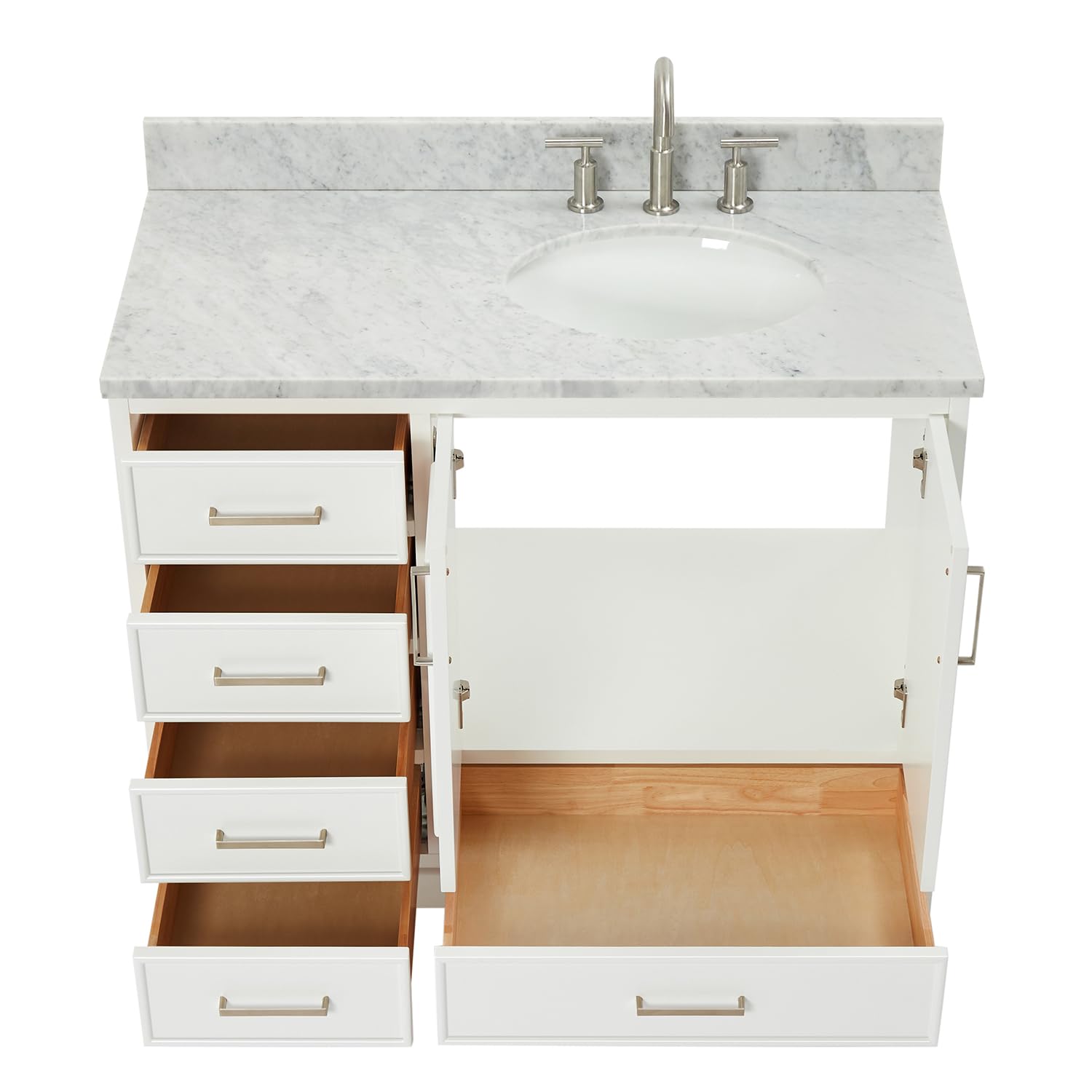 ARIEL Stafford 42-inch Bathroom Vanity with Sink,Solid Wood, 0.75-inch Italian Carrara Marble Countertop & Backsplash, Single Oval Porcelain Sink, 2 Soft Closing Doors, 5 Dovetail Drawers, White - Image 4