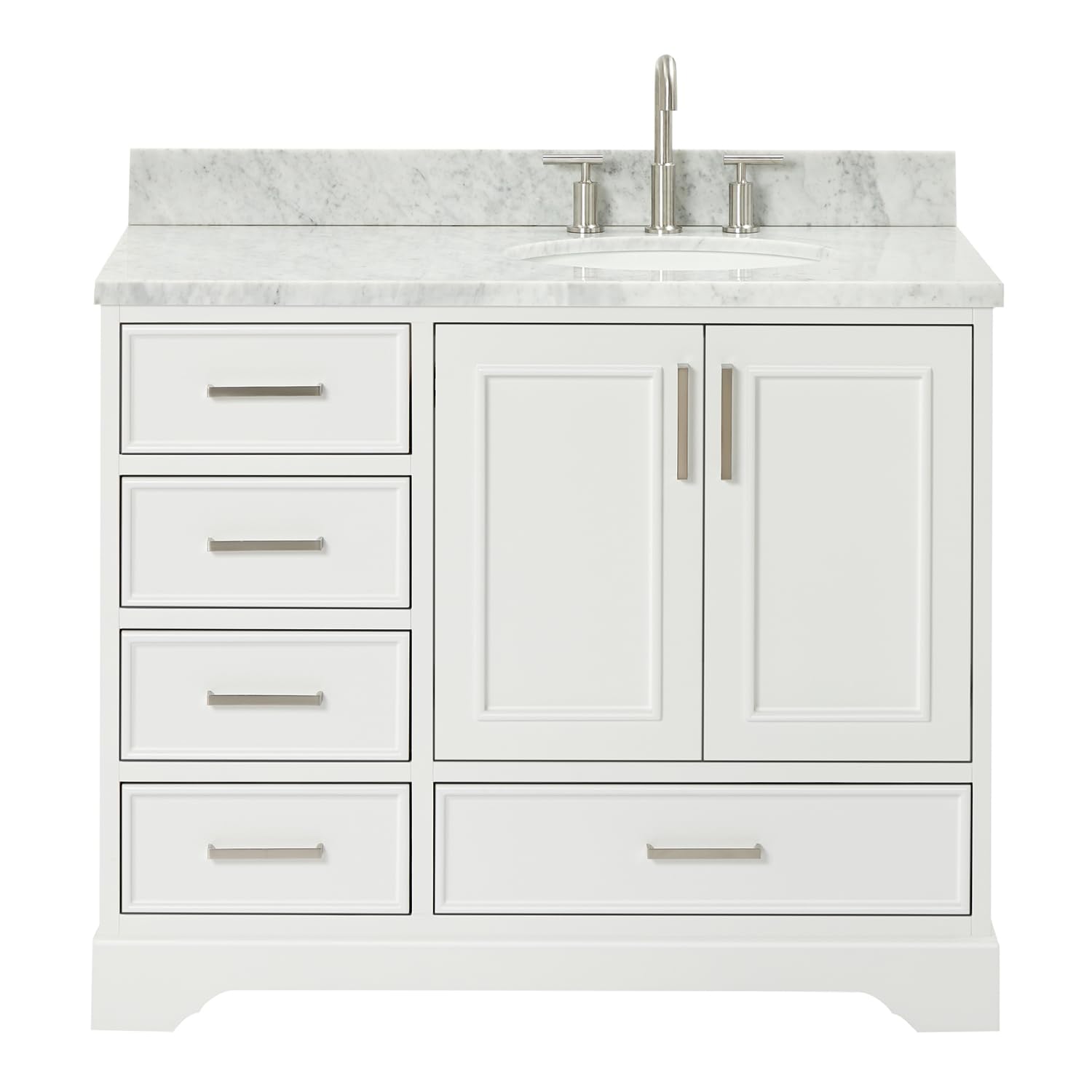 ARIEL Stafford 42-inch Bathroom Vanity with Sink,Solid Wood, 0.75-inch Italian Carrara Marble Countertop & Backsplash, Single Oval Porcelain Sink, 2 Soft Closing Doors, 5 Dovetail Drawers, White - Image 5