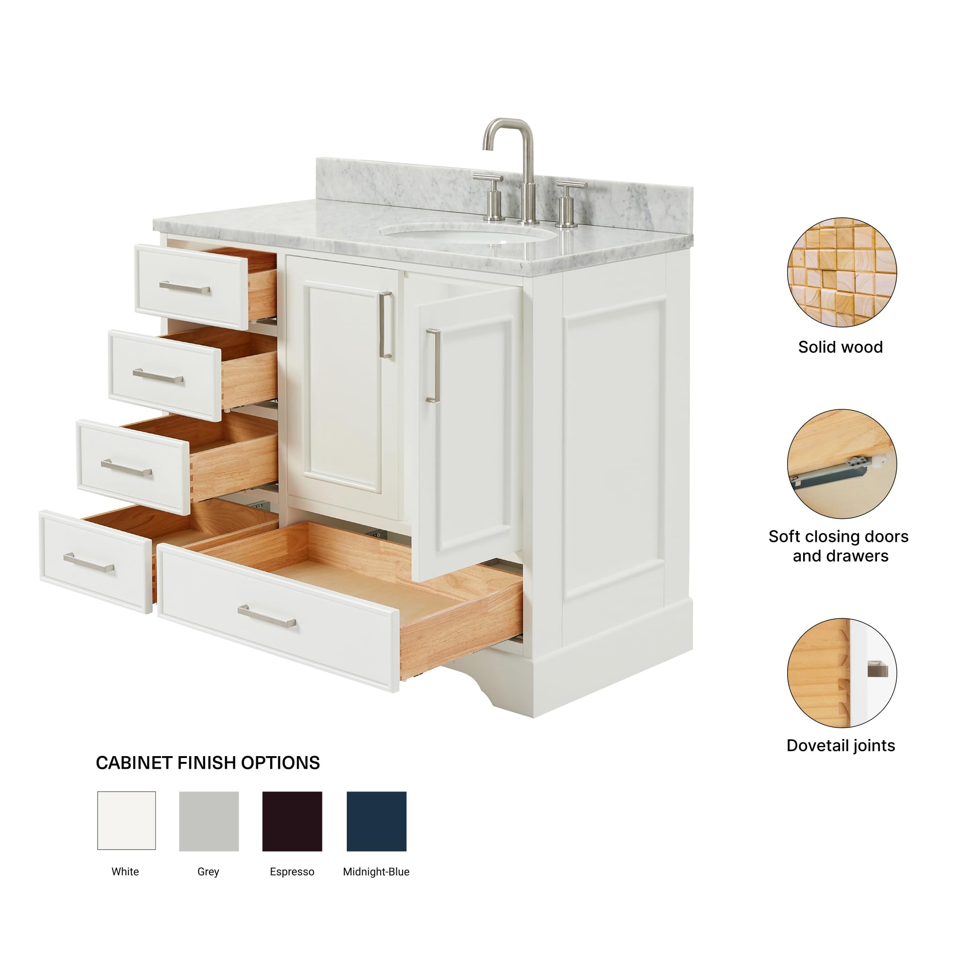 ARIEL Stafford 42-inch Bathroom Vanity with Sink,Solid Wood, 0.75-inch Italian Carrara Marble Countertop & Backsplash, Single Oval Porcelain Sink, 2 Soft Closing Doors, 5 Dovetail Drawers, White - Image 6