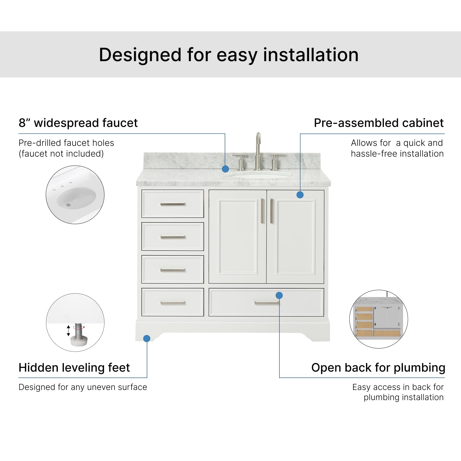 ARIEL Stafford 42-inch Bathroom Vanity with Sink,Solid Wood, 0.75-inch Italian Carrara Marble Countertop & Backsplash, Single Oval Porcelain Sink, 2 Soft Closing Doors, 5 Dovetail Drawers, White - Image 7