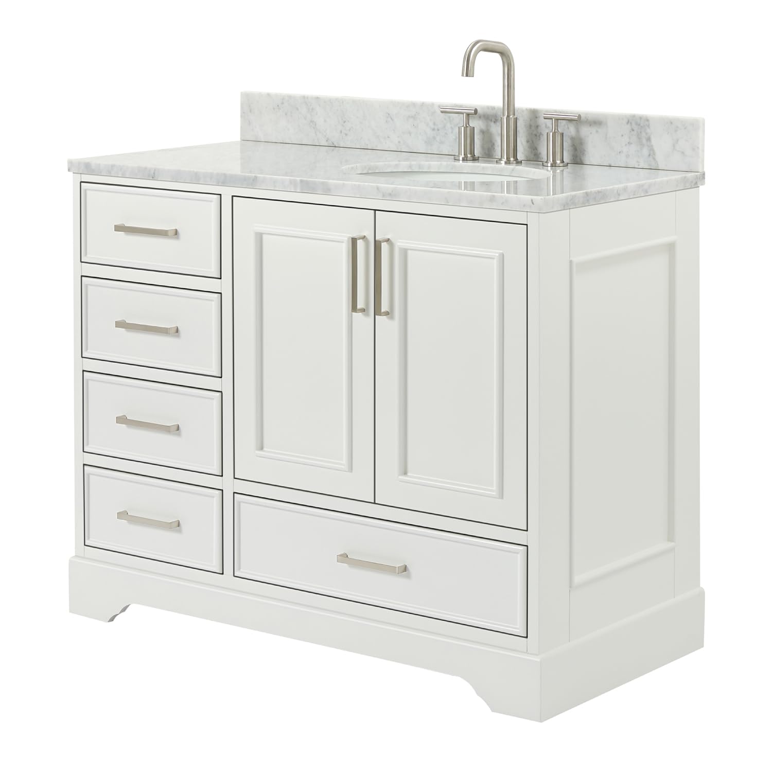ARIEL Stafford 42-inch Bathroom Vanity with Sink,Solid Wood, 0.75-inch Italian Carrara Marble Countertop & Backsplash, Single Oval Porcelain Sink, 2 Soft Closing Doors, 5 Dovetail Drawers, White - Image 8