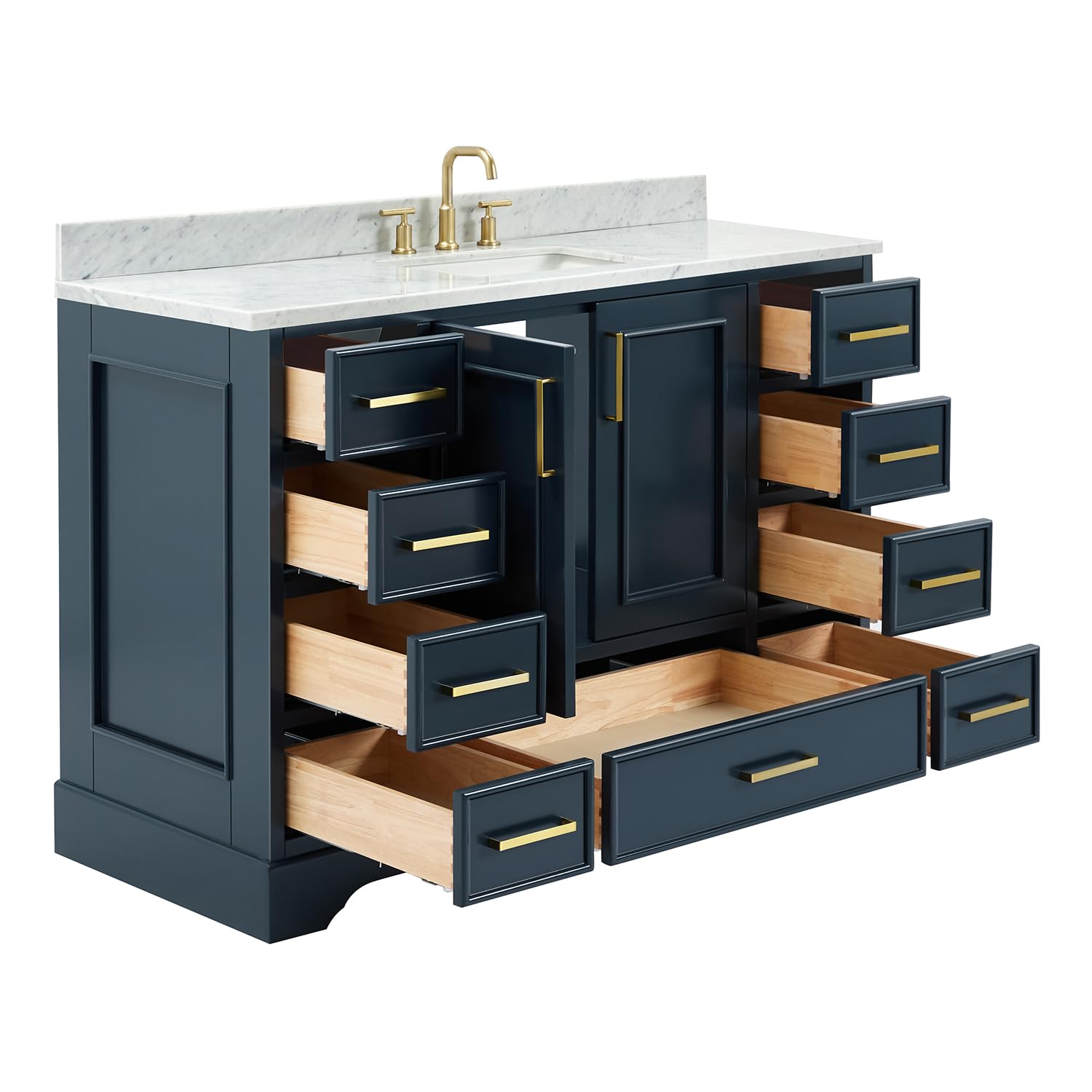 ARIEL Stafford 48-inch Bathroom Vanity with Sink,Solid Wood, 0.75-inch Italian Carrara Marble Countertop, Single Rectangular Porcelain Sink, 2 Soft Closing Doors, 9 Dovetail Drawers, Midnight Blue - Image 10