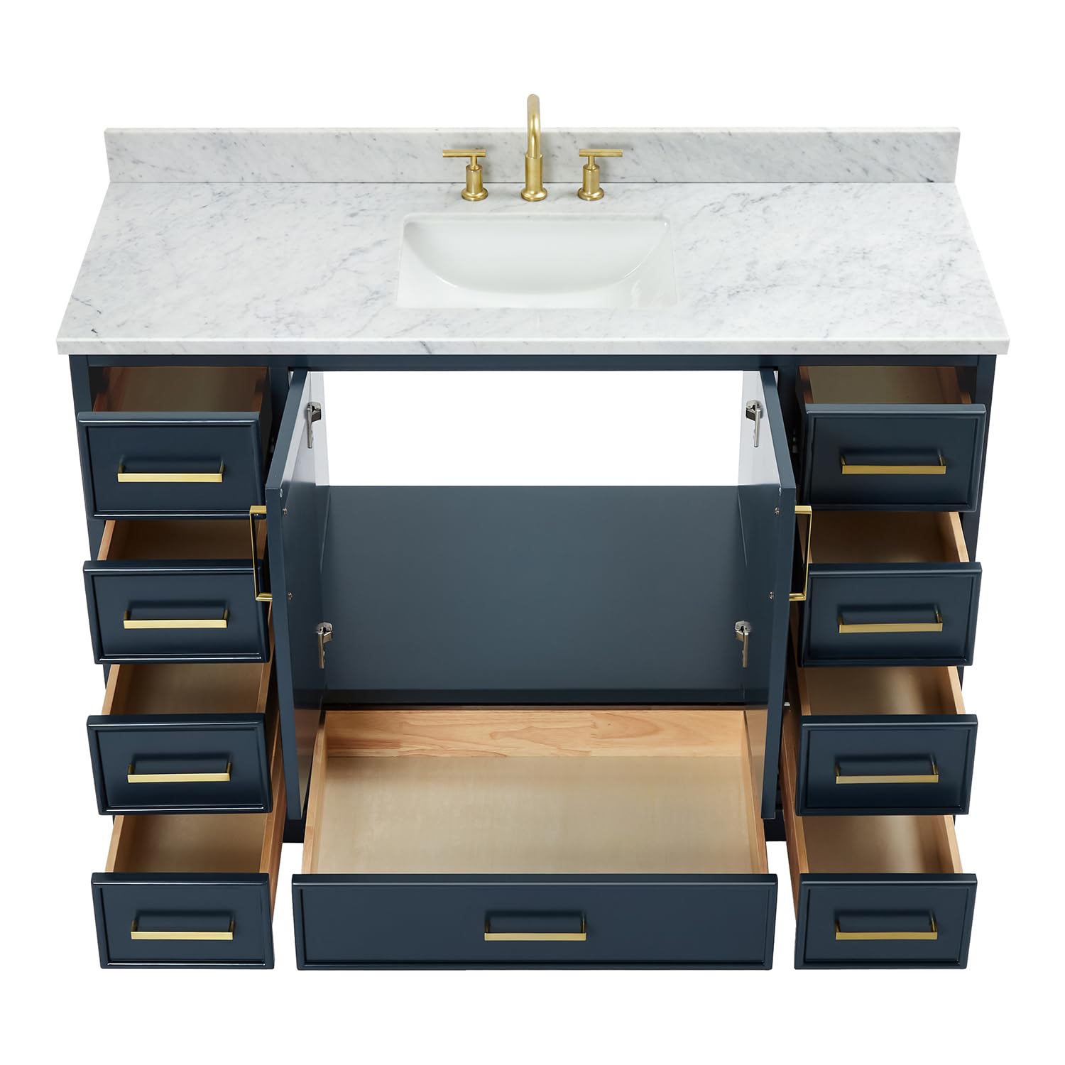 ARIEL Stafford 48-inch Bathroom Vanity with Sink,Solid Wood, 0.75-inch Italian Carrara Marble Countertop, Single Rectangular Porcelain Sink, 2 Soft Closing Doors, 9 Dovetail Drawers, Midnight Blue - Image 11