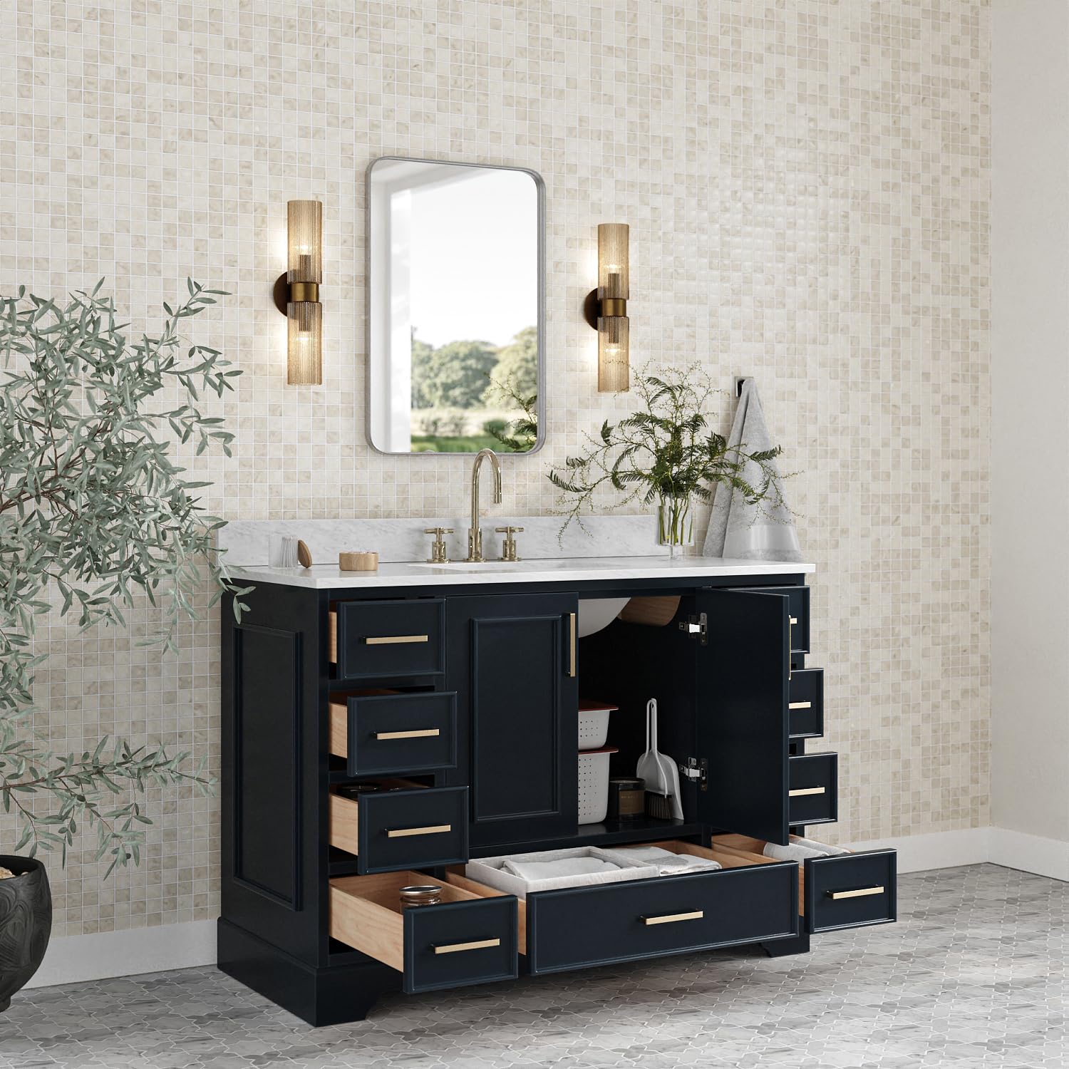 ARIEL Stafford 48-inch Bathroom Vanity with Sink,Solid Wood, 0.75-inch Italian Carrara Marble Countertop, Single Rectangular Porcelain Sink, 2 Soft Closing Doors, 9 Dovetail Drawers, Midnight Blue - Image 3