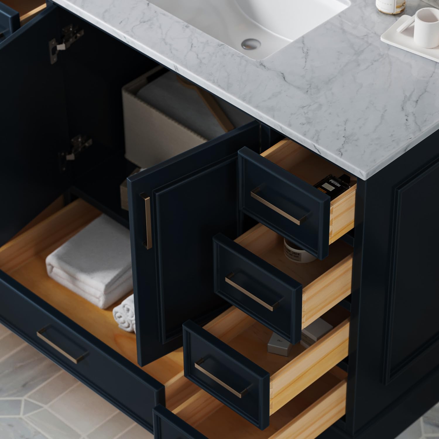 ARIEL Stafford 48-inch Bathroom Vanity with Sink,Solid Wood, 0.75-inch Italian Carrara Marble Countertop, Single Rectangular Porcelain Sink, 2 Soft Closing Doors, 9 Dovetail Drawers, Midnight Blue - Image 4