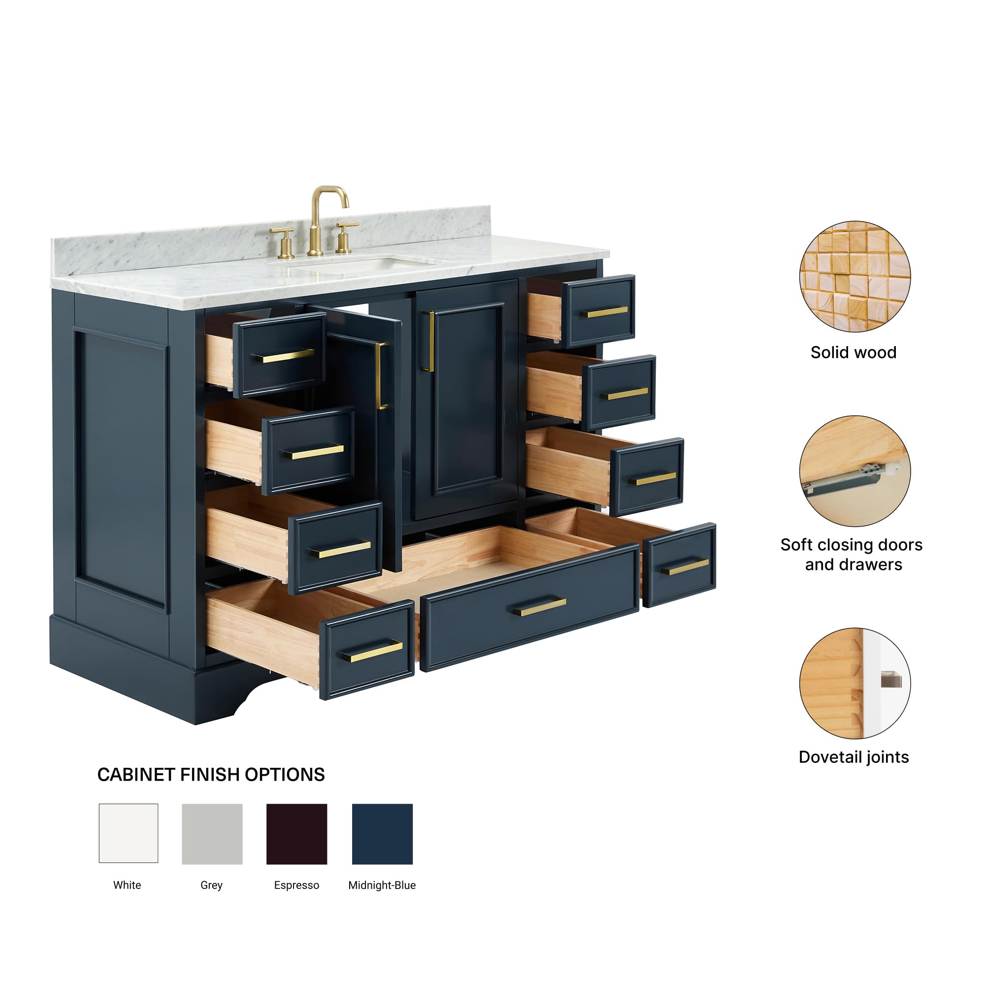 ARIEL Stafford 48-inch Bathroom Vanity with Sink,Solid Wood, 0.75-inch Italian Carrara Marble Countertop, Single Rectangular Porcelain Sink, 2 Soft Closing Doors, 9 Dovetail Drawers, Midnight Blue - Image 6