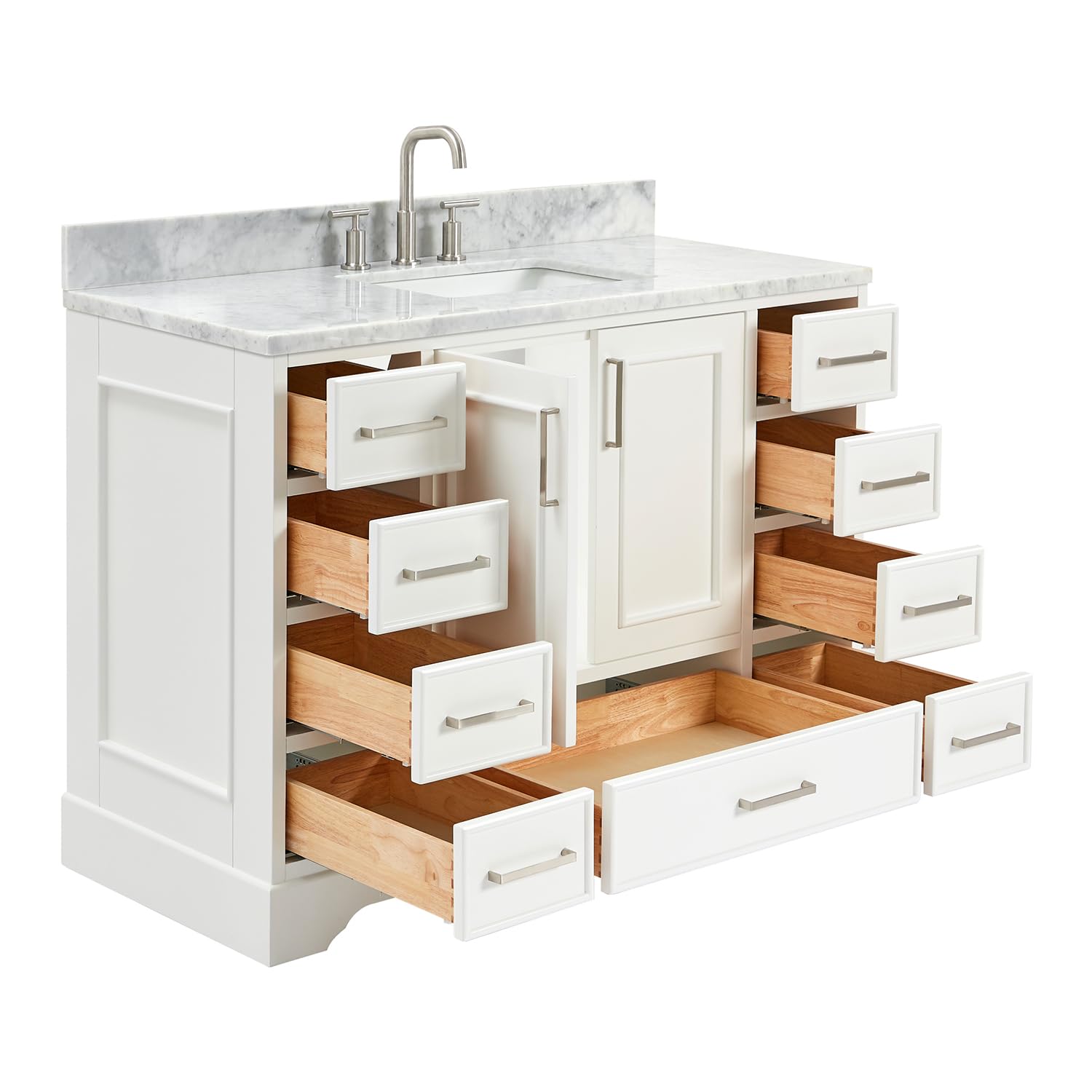 ARIEL Stafford 48-inch Bathroom Vanity with Sink,Solid Wood, 0.75-inch Italian Carrara Marble Countertop, Single Rectangular Porcelain Sink, 2 Soft Closing Doors, 9 Dovetail Drawers, White - Image 10