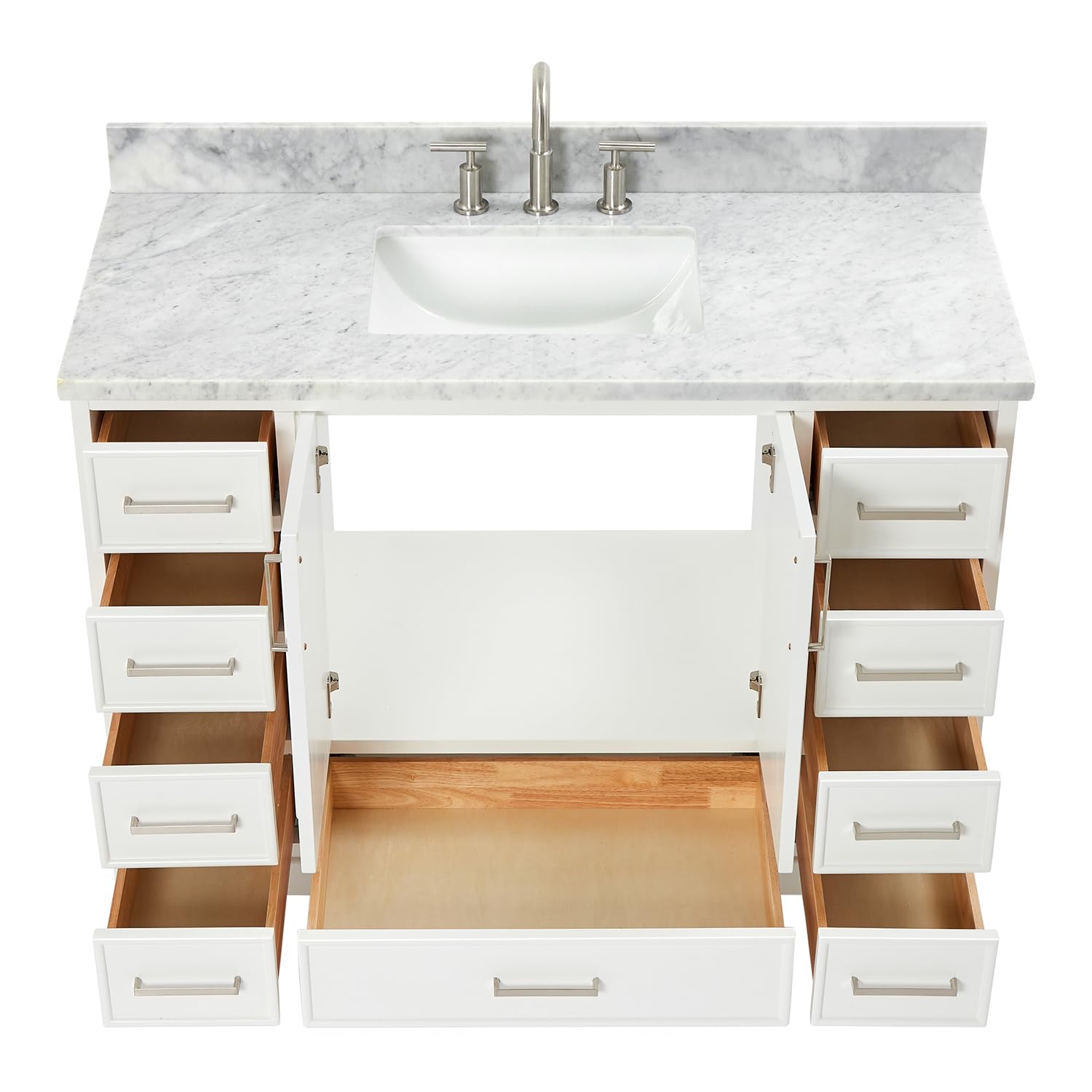 ARIEL Stafford 48-inch Bathroom Vanity with Sink,Solid Wood, 0.75-inch Italian Carrara Marble Countertop, Single Rectangular Porcelain Sink, 2 Soft Closing Doors, 9 Dovetail Drawers, White - Image 11